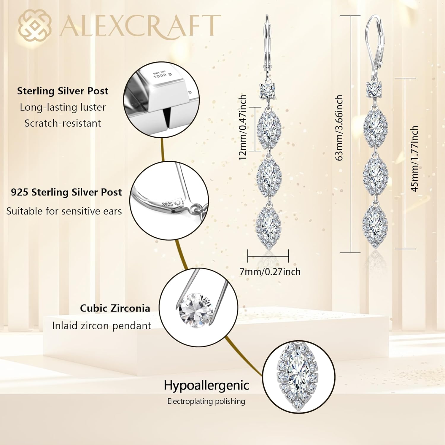 ALEXCRAFT 925 Sterling Silver Dangle Leverback Earrings for Women Trendy 14K Goldplated Hypoallergenic Lightweight Statement Long Cubic Zirconia Teardrop Dangling Earrings Brides Engagement Wedding - Image 3