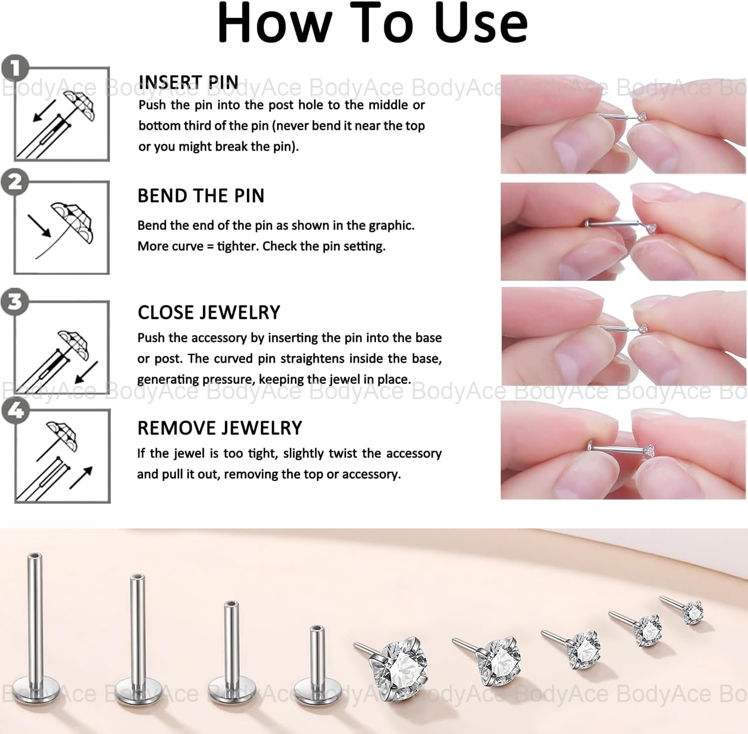 Threadless Spike Flact Back Earrings Cartilage Lip Rings, 16G Stainless Steel Daith Helix Tragus Studs, Push in Rook Lobe Lip Piercing for Women Men