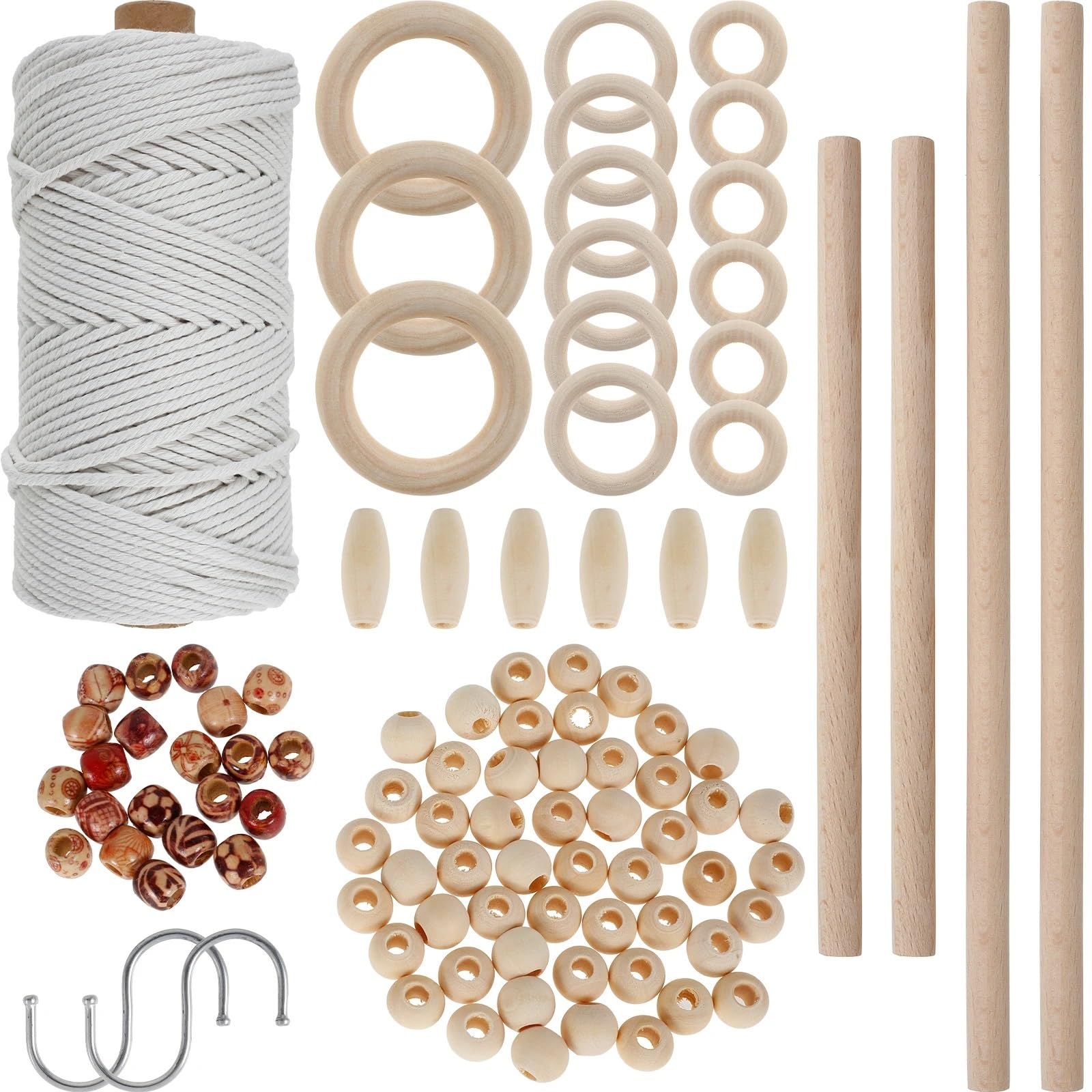 DIY-Makramee-Strickset 100 Stück Makramee-Sets for Anfänger, Baumwoll-Makramee-Kordel mit Holzperlen und Ringen, Holzstäbchen, Metallringen, Makramee-Zubehör Für Die Heimdekoration