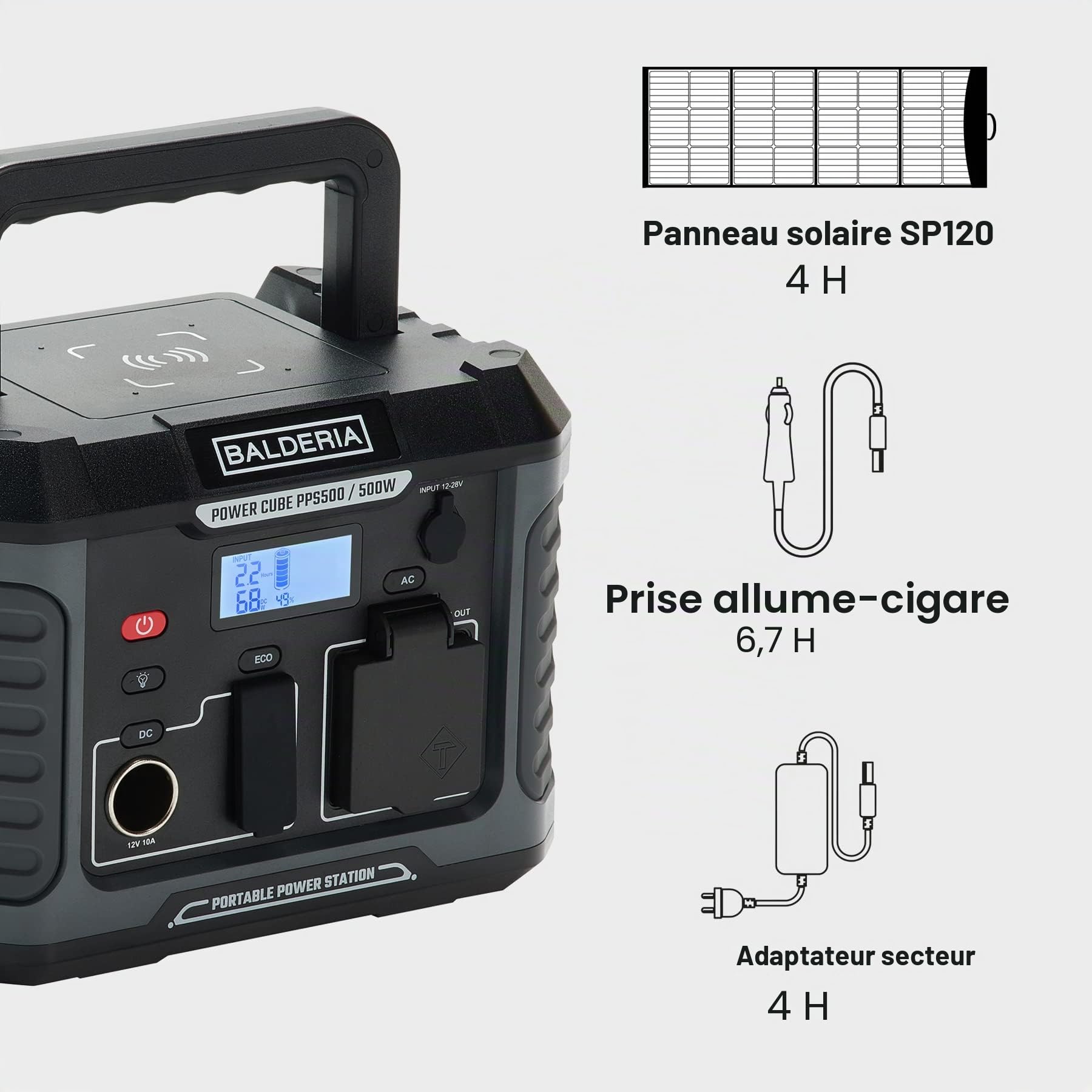 BALDERIA Power station PPS500 | Centrale d’alimentation mobile 400Wh | Stockage d’énergie portable avec prise 230V, USB Flashlight | Génerateur électrique pour l’extérieur, camping, atelier & bateau