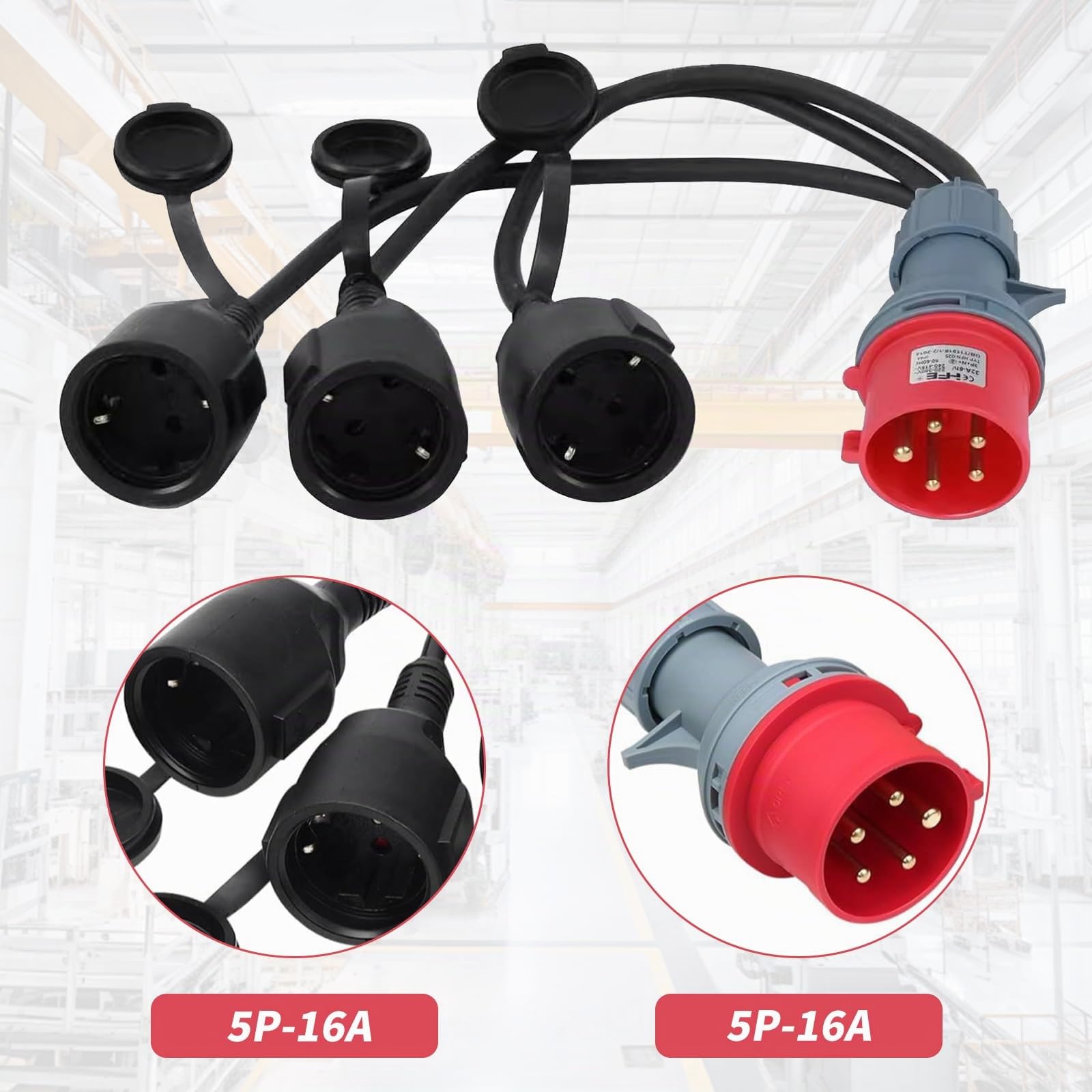 Adaptador CEE, Adaptador Enchufe 16a 400V schuko, 3 x 230 V acoplador, cable enchufe IP44 para camping, con tapa abatible y enchufe de protección de contacto, para conversión de Carga de caravanas