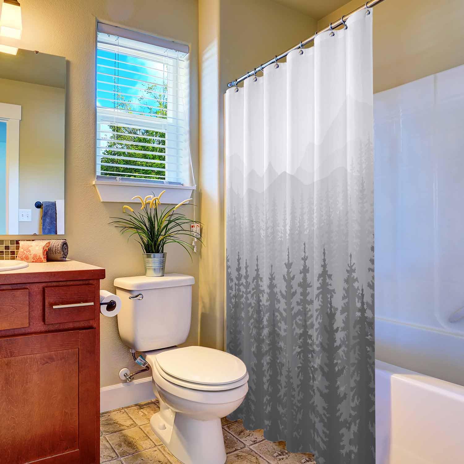 Woutay Shower Curtain Mould Proof Resistant Mountains in The Morning Mist,Water Repellant Fabric,Polyester,with 12 Plastic Hooks - Image 4