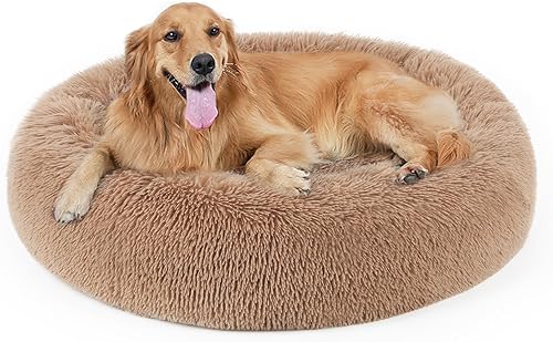Miniatura 18 de Cama para perros, cama calmante para gatos, cama de felpa de piel sintética con forma de rosquilla para mascotas, cama redonda para perros y gatos