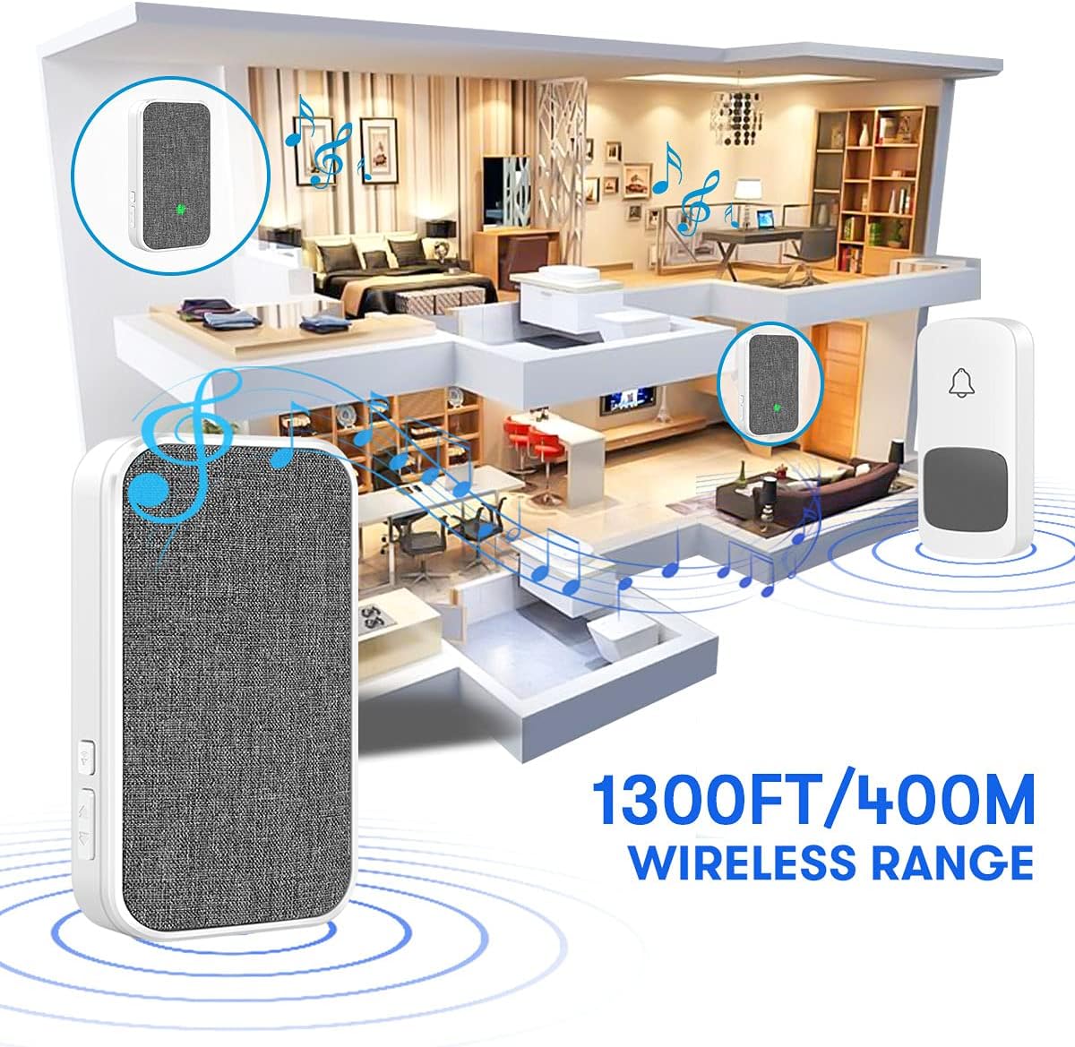 Wireless Doorbell, Remote Door Bell Ringer Chimes Kit Operating Range at 1300 FT, ESMAVO Portable Doorbell with 58 Melodies & LED Flash, 2 Plug-in Receivers & 2 Waterproof Push Buttons - - 
