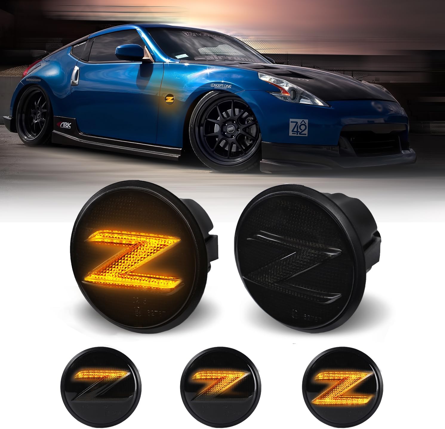 LED Sequential Side Marker Lights for Nissan 370z Z34 2009-2020, 350z Z33 2003-2009 Turn Signal Lamps 26160-1EK0A 26165-1EK0A, Smoked Len 2pcs