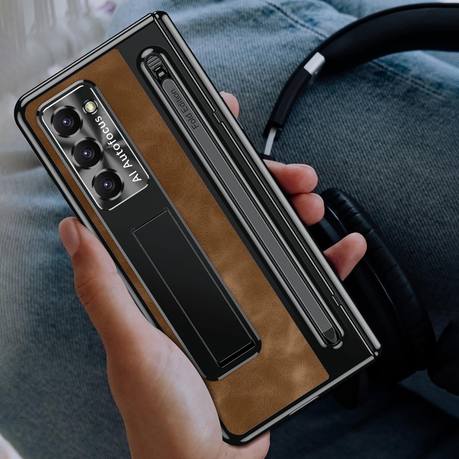 Etui z podstawką do Samsunga Galaxy Z Fold 6, ochrona zawiasów metalowego obiektywu, wysokiej jakości skórzane etui na telefon komórkowy w stylu vintage z uchwytem na długopis S, czarne