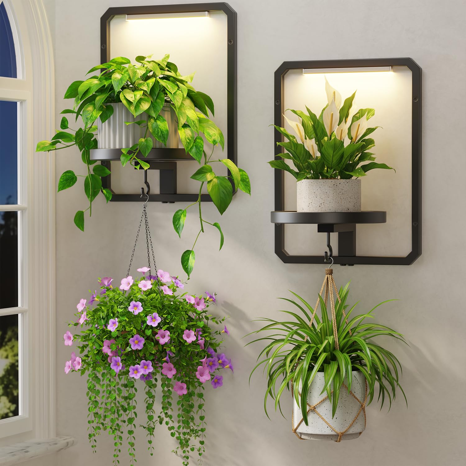 LASZOLA Plant Picture Frame Holder Shelf Wall with Lights, 2 Pcs Black