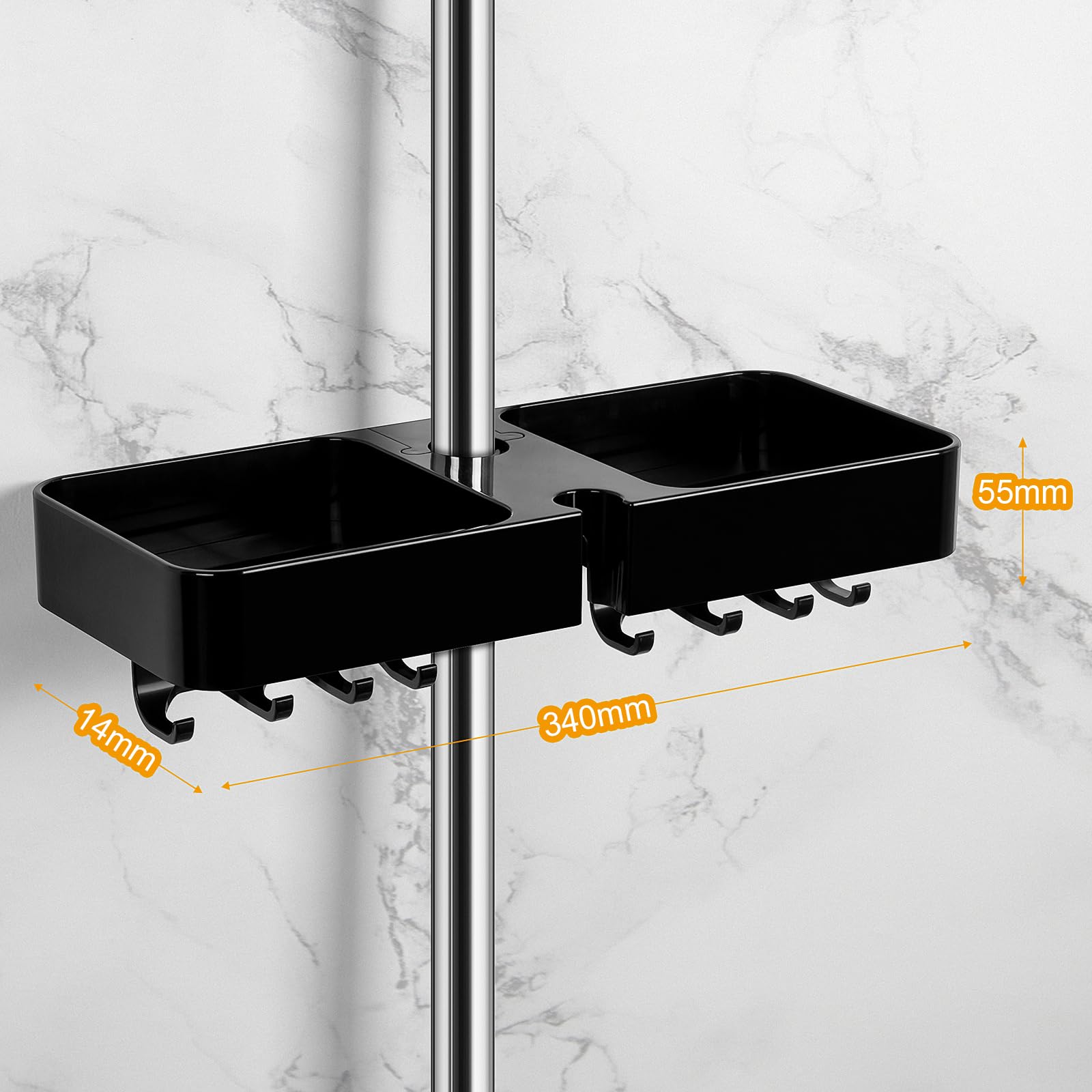 Duschablage Ohne Bohren – Mit 8 Haken & Duschkopfhalter, Für 18–26 Mm Stangen, Schwarz