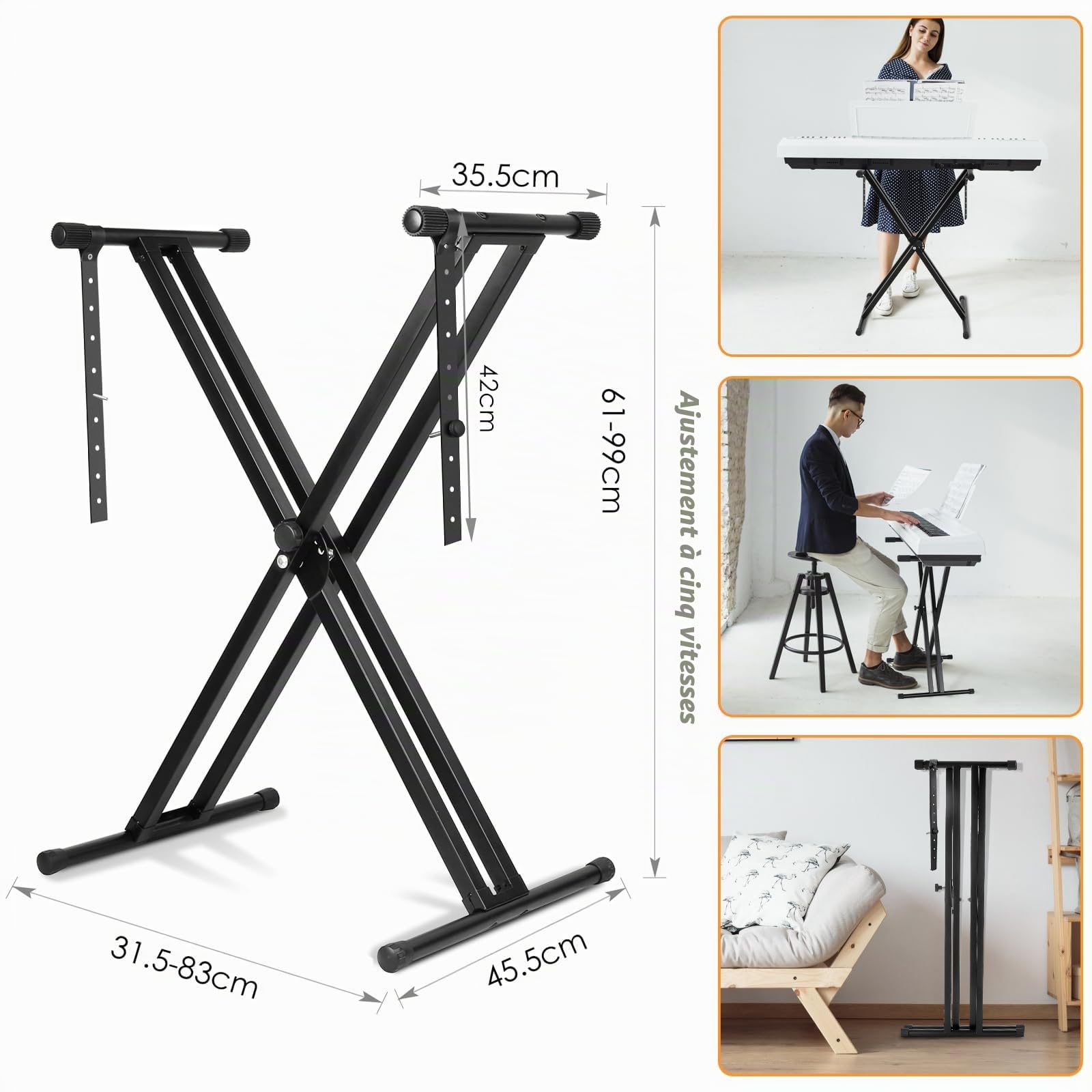 MAMIZO Support de Clavier, Support de Clavier à Double Embase X, en Métal, Hauteur Réglable sur 8 Niveaux, Antidérapant, Chevalet de Clavier Pliable Portable pour Piano Electrique, Noir