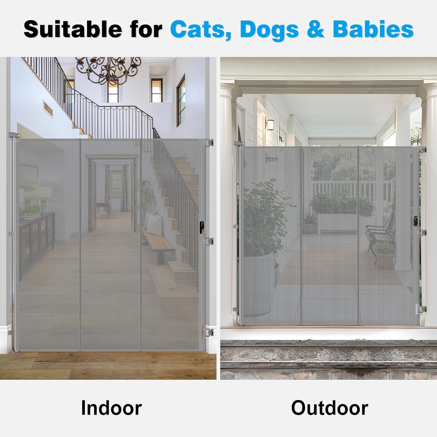 Reinforced 65" Extra Tall Baby Gate for Doorway, Jump-Resistant & Prevent Crawling Underneath Retractable Pet Gates Extra Tall, 0-55" W Retractable Dog Gate for Pets, Dogs, Cats, Puppies, Babies, Gray