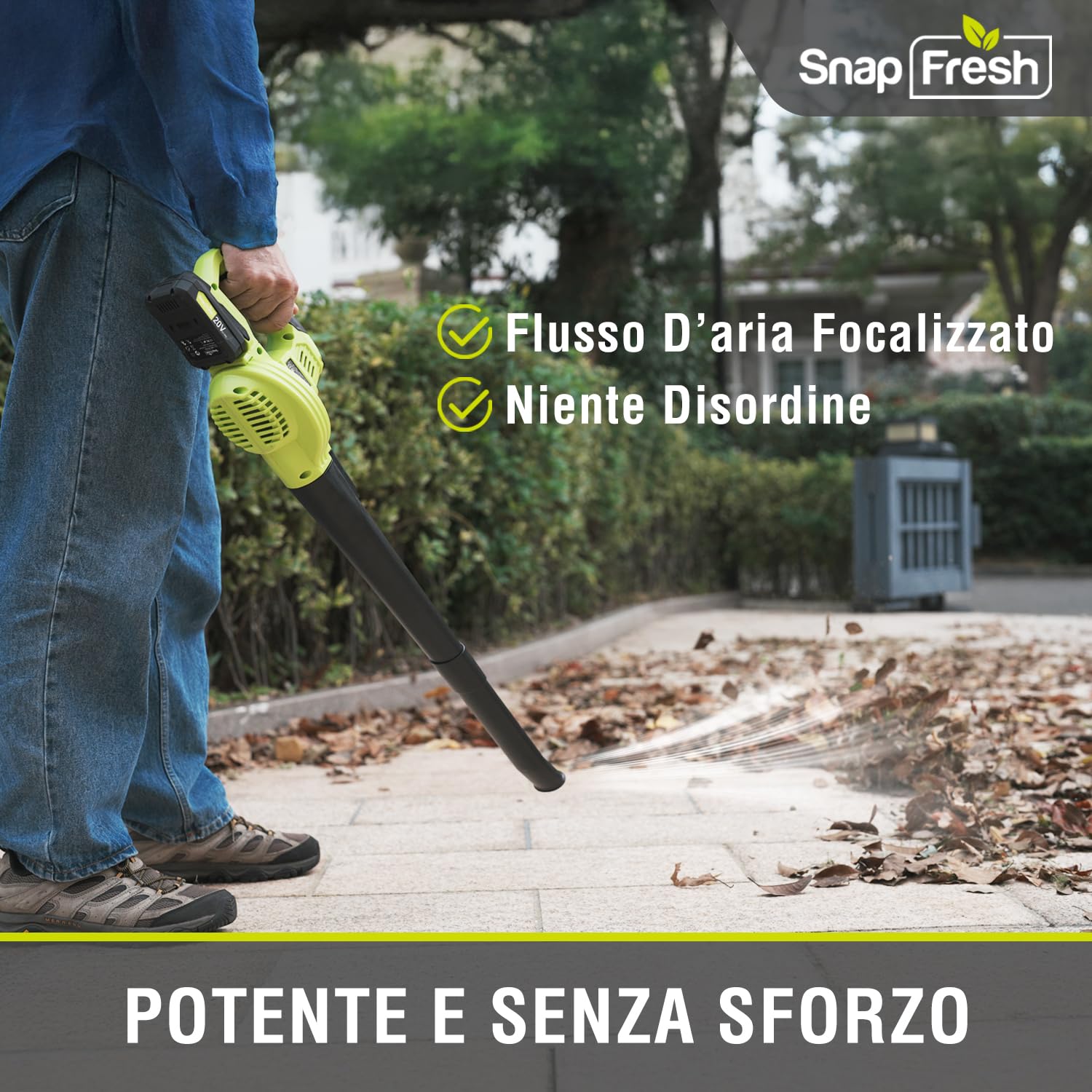 SnapFresh Soffiatore a Batteria 20V Soffiatore Elettrico per Foglie Leggero 1,2 kg, 210 km/h 240 m³/h, 2 Velocità Regolabili, con Batteria e Caricabatterie, per Giardino/Prato/Auto/Polvere (Verde)