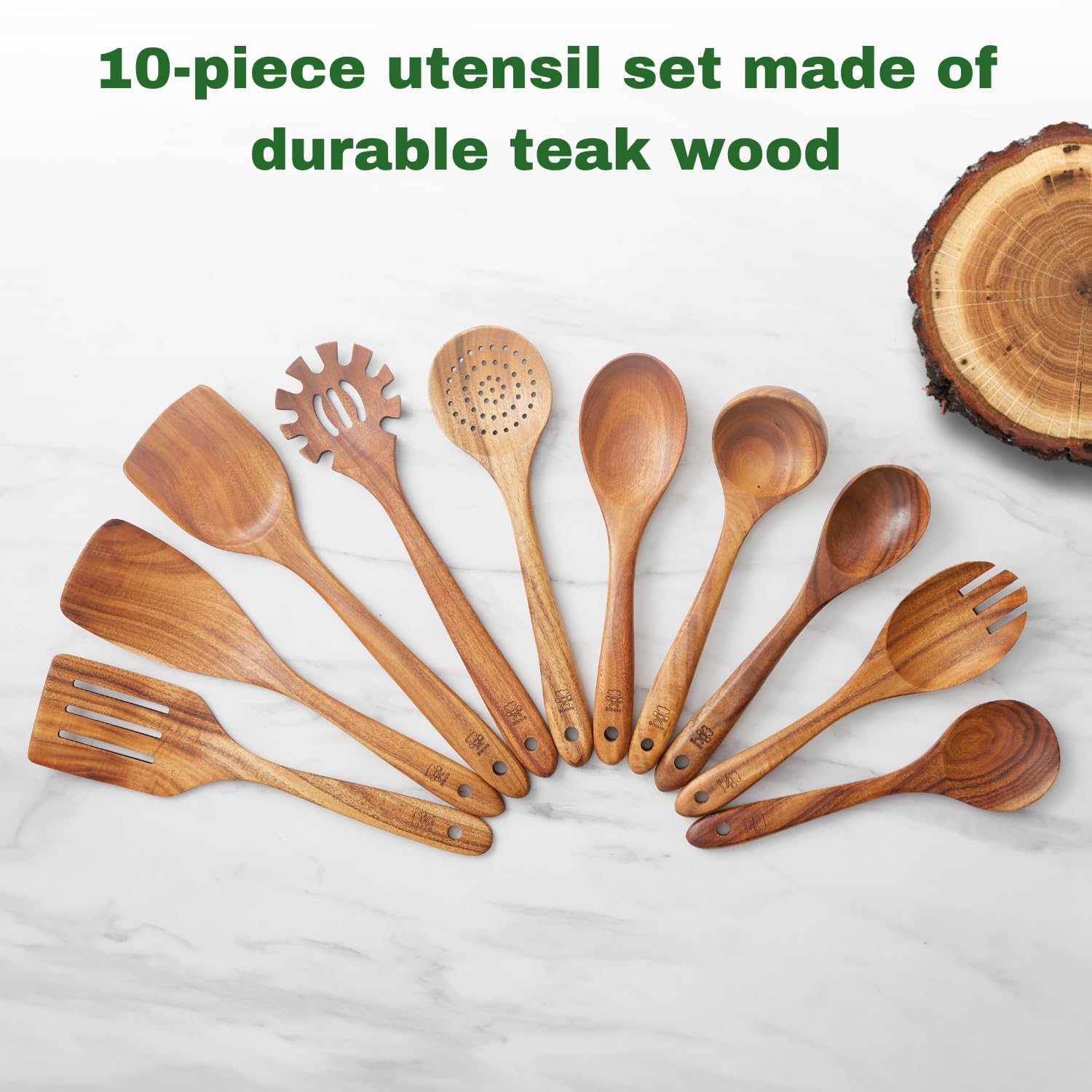 Holz Küchenutensilien Set 10-teilig + Küchenutensilienhalter - Holzspachtel - Holzlöffel - Küchenset - Spachtelset - Holzschöpfkelle - Kochgeschirr Set - Spachteltopf - Kratzfrei