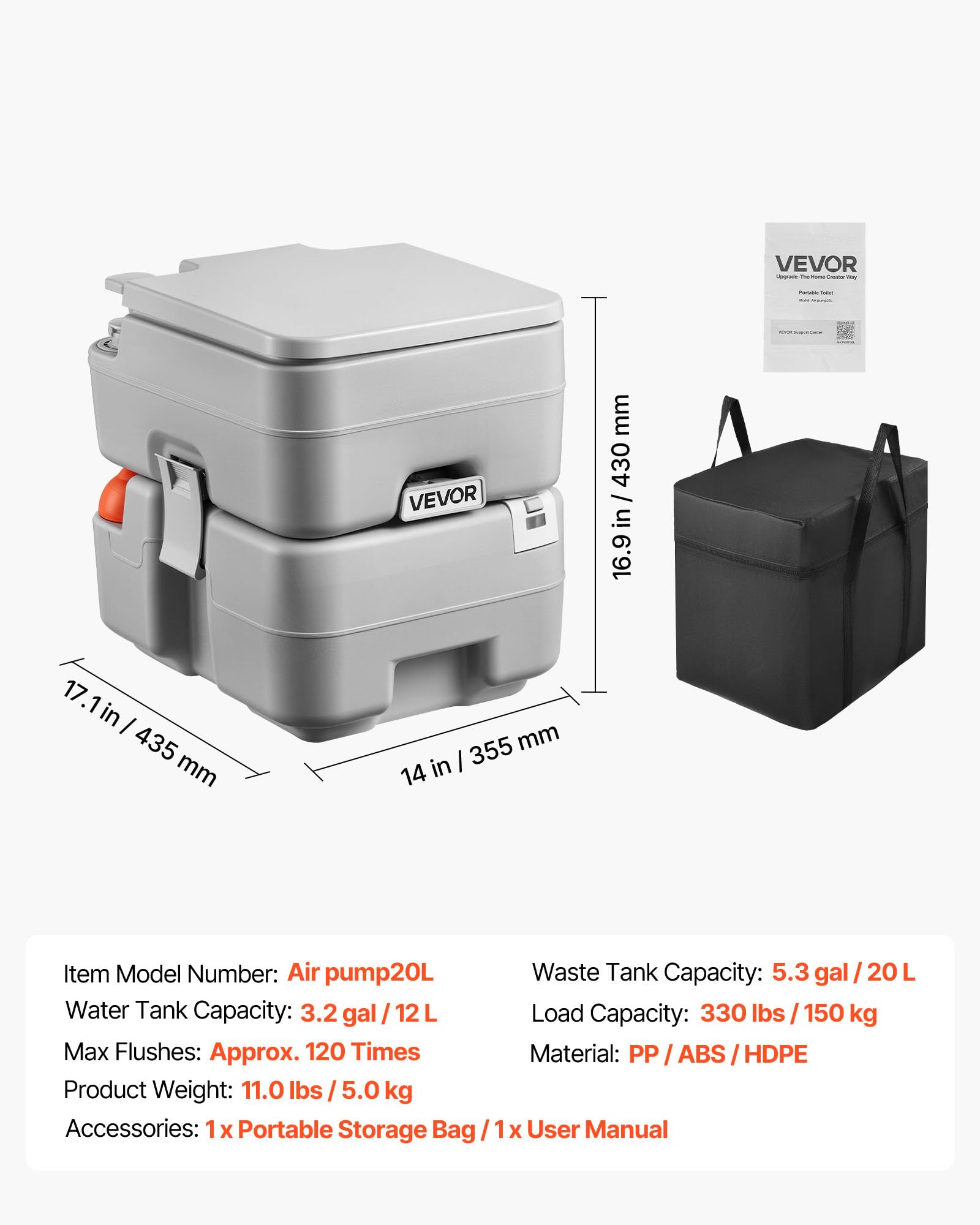 VEVOR Inodoro Portátil con Descarga de Agua con Tanque de Desechos de 20 L, Aprox. 120 Descargas, Inodoro Portátil para Camping Carga de 150 kg para Uso Doméstico, Viaje en Autocaravana, Senderismo