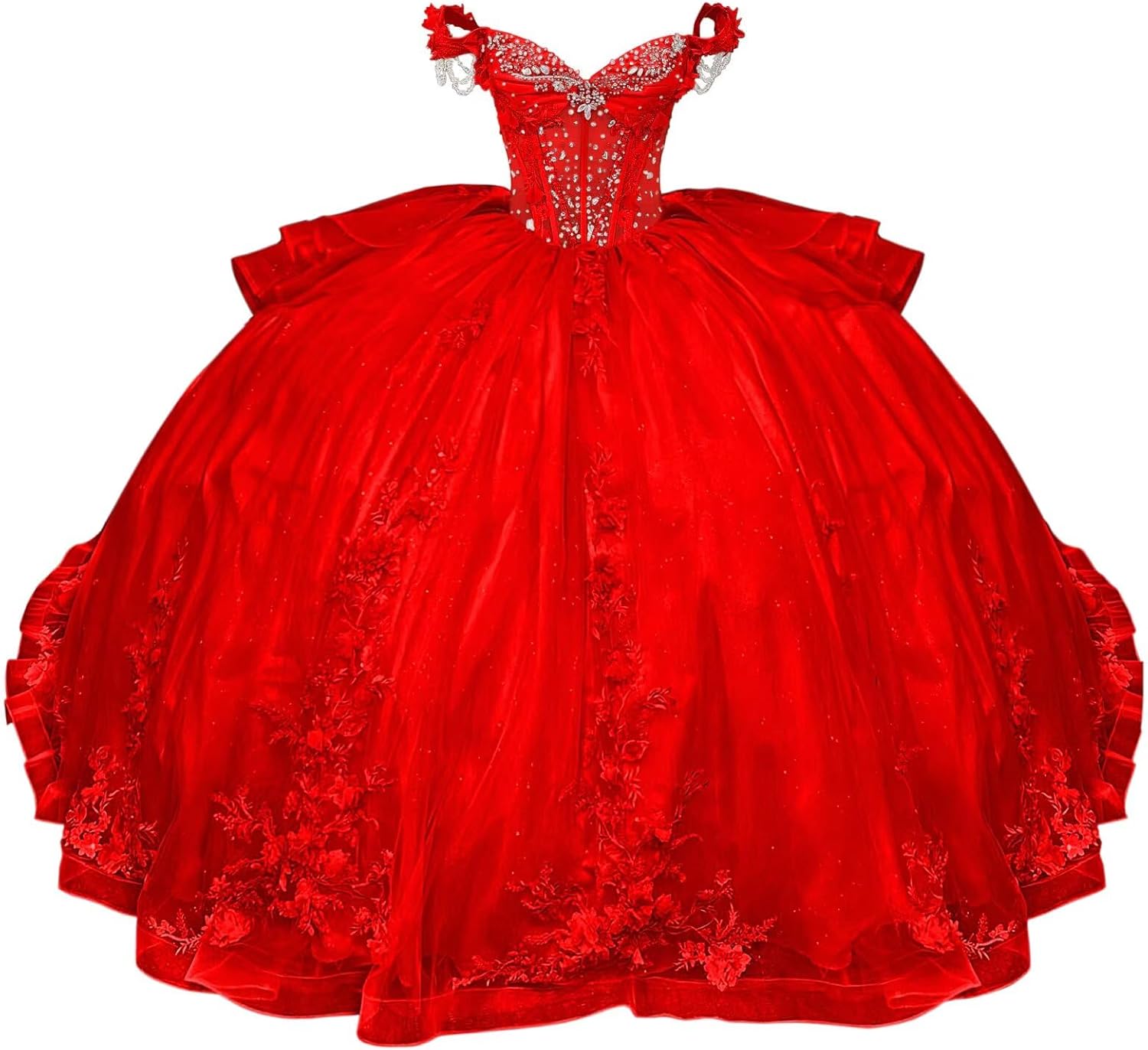 Mouccy Sparkly Lace Quinceanera Dresses with Tassels 3D Floral Bead Sweet 16 Dress with Ruffles Puffy Tulle Party Ball Gown