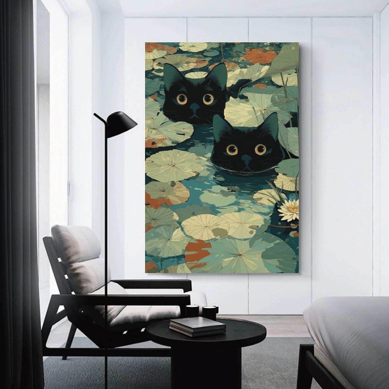 Junmoney Room Decor Wall Art Cats in A Lily Pond, 24x36inch(60x90cm), for Home Office, Desk Area Or Studio, An Interior Accent for Desk Areas