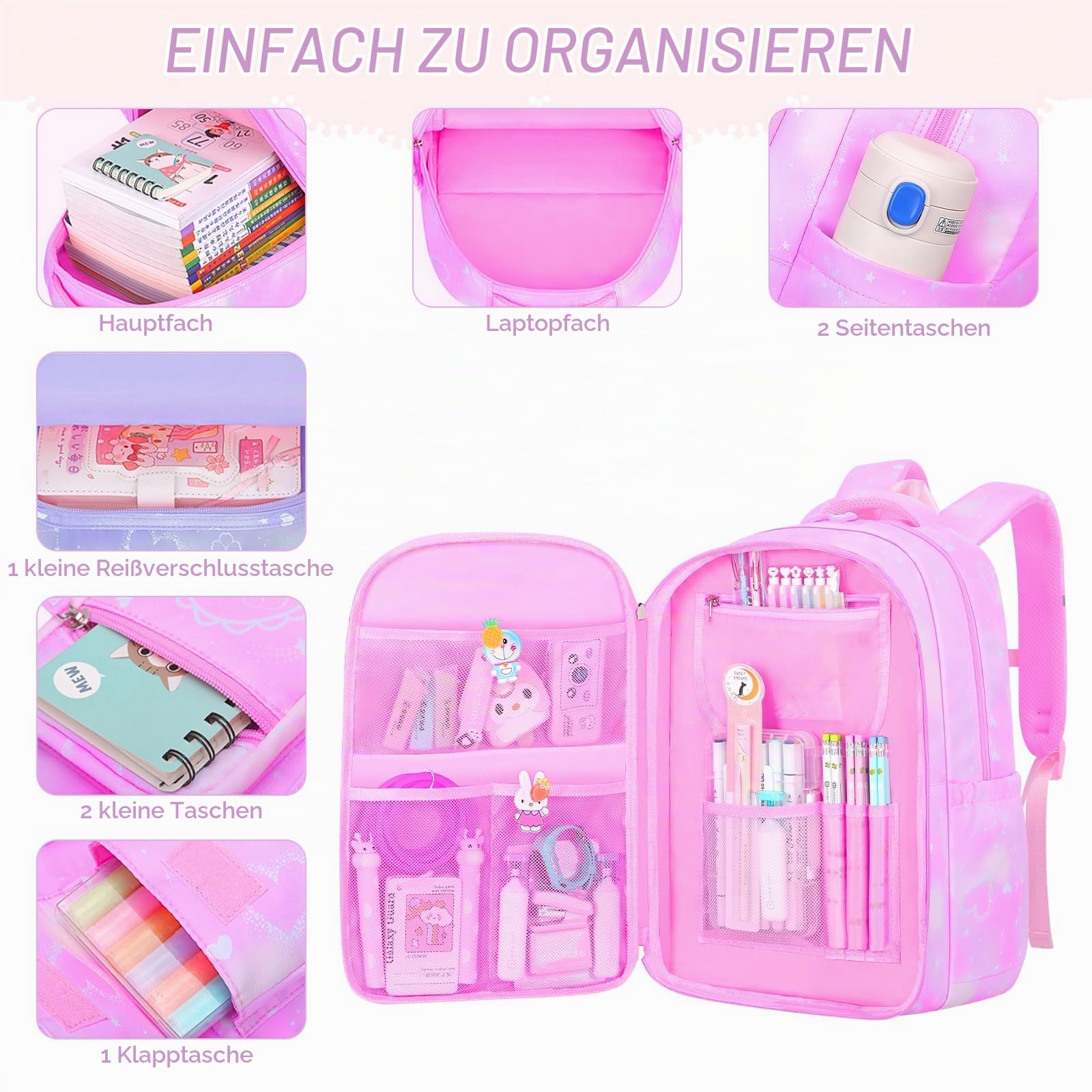 Amythe Set Schulrucksack Mädchen Teenager 3 Teilig fur Schule | Schulranzen mit Lunch Tasche Federmäppchen Gymnasium Oberstufe für Schule Reisen für 15.6" Laptop-Lila