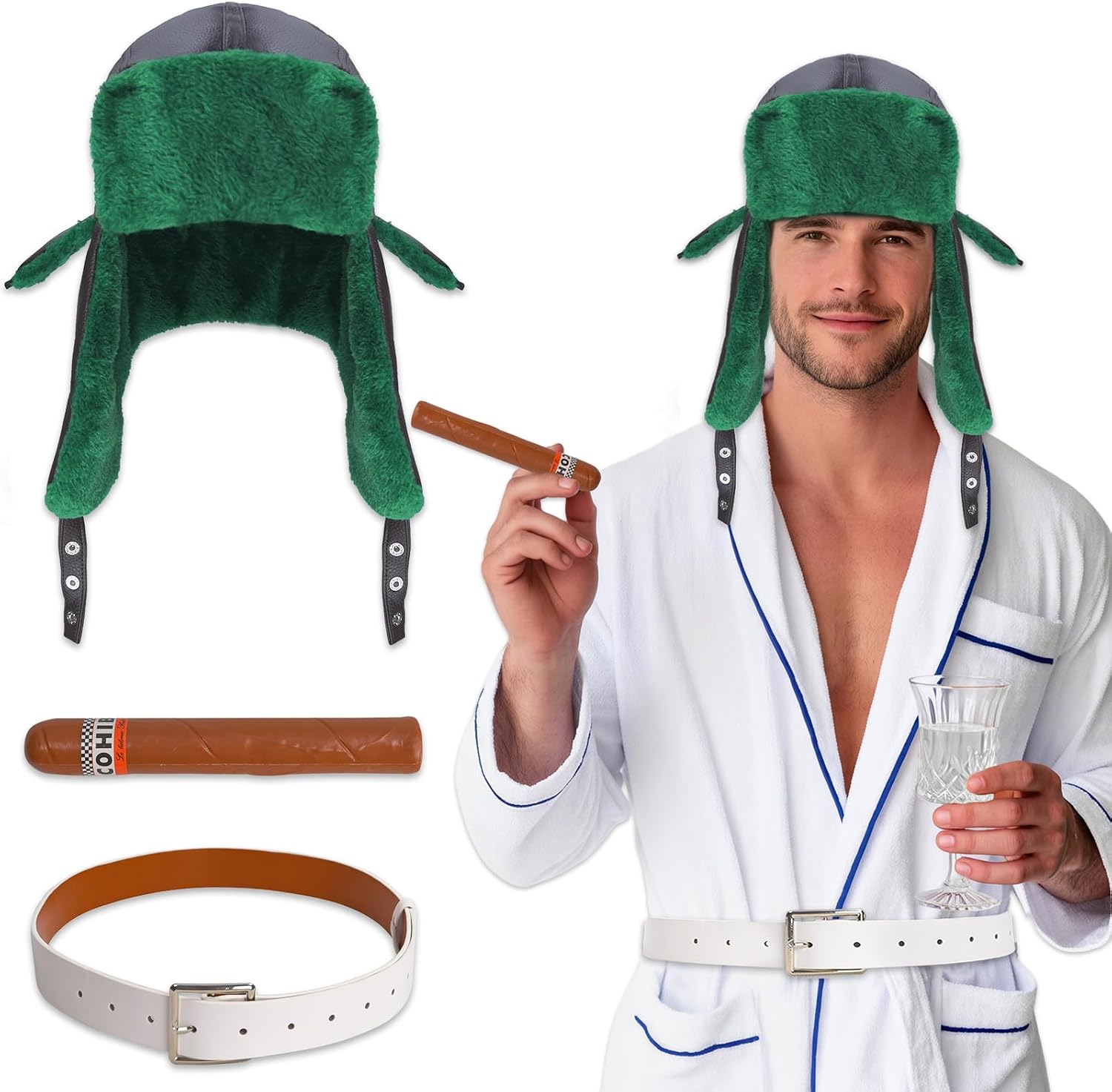 3 Pcs Christmas Costumes Hat, Green Trapper Hat with Ear Flap White Robe Belt for Funny Costume Accessory Party