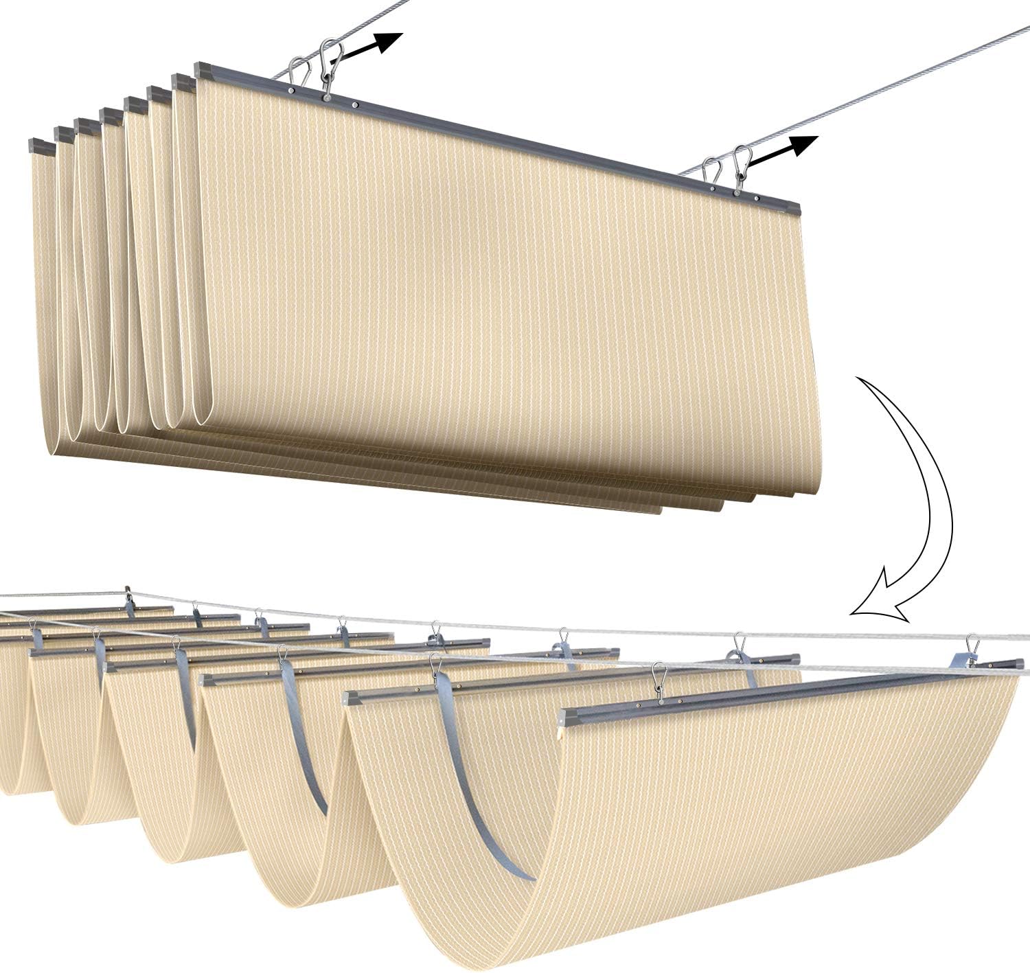 E&K Sunrise 4'Wx16'L Pergola Shade Cover Retractable Canopy Outdoor Wave Sun Shade for Patio Garden Backyard Deck Trellis (Beige)