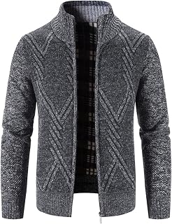 Mens Zip Up Thick Fleece Lined Winter Knitted Cardigan, Autumn and Winter New Geometric Printing Stand Collar Coat Sweater Sweater (Color : Dark Grey, Size : 3X-Large)