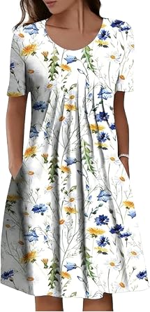 LOVESHOOT Size L Womens Summer Midi Dress 2026 Casual Short Sleeve A Line Dress with Pockets Evening Wedding Guest Work Floral 02 White