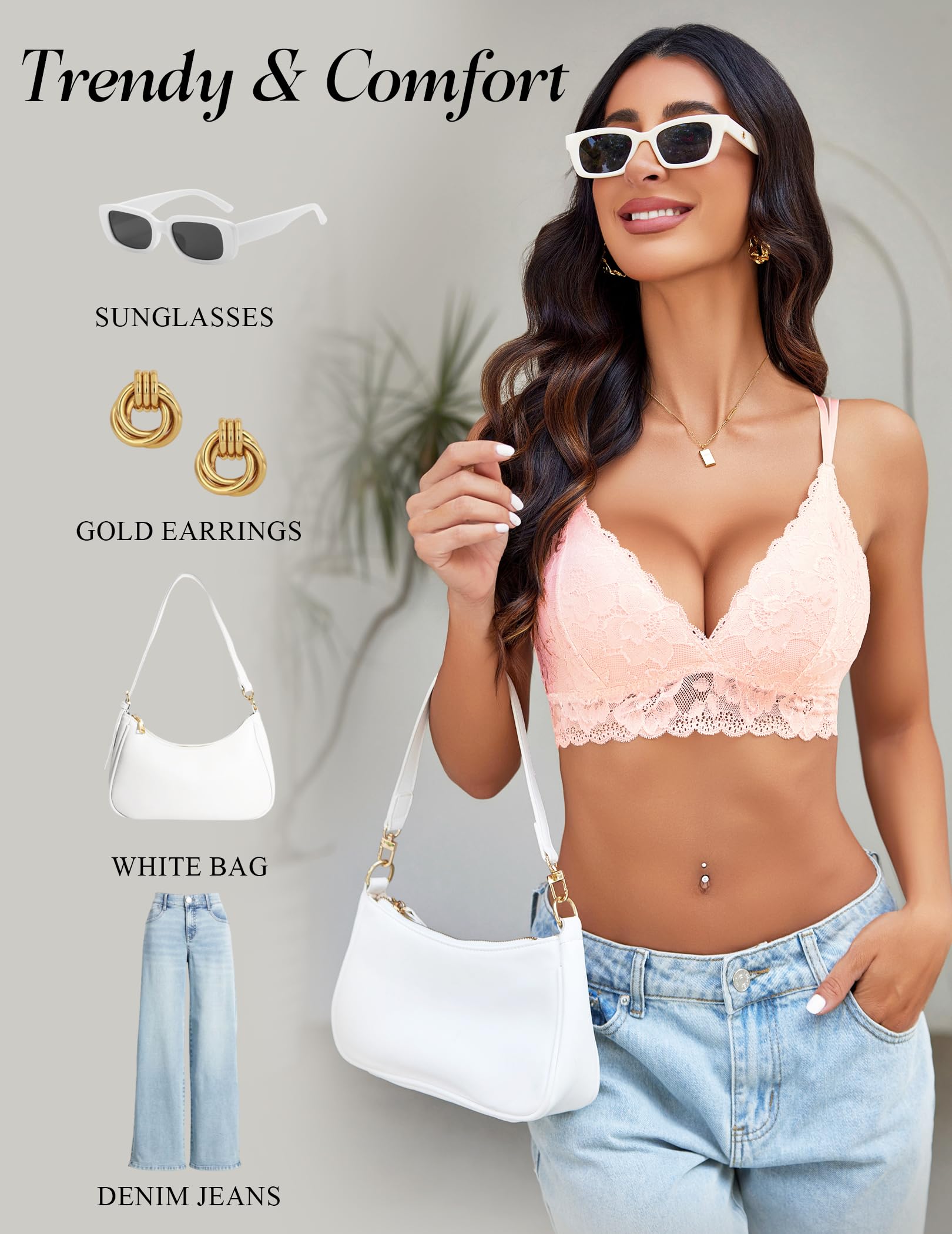Avidlove Bras for Women Floral Lace Bralettes Deep V Sexy Bras Cross Back Longline Bralette No Padded: Light Pink XX-Large