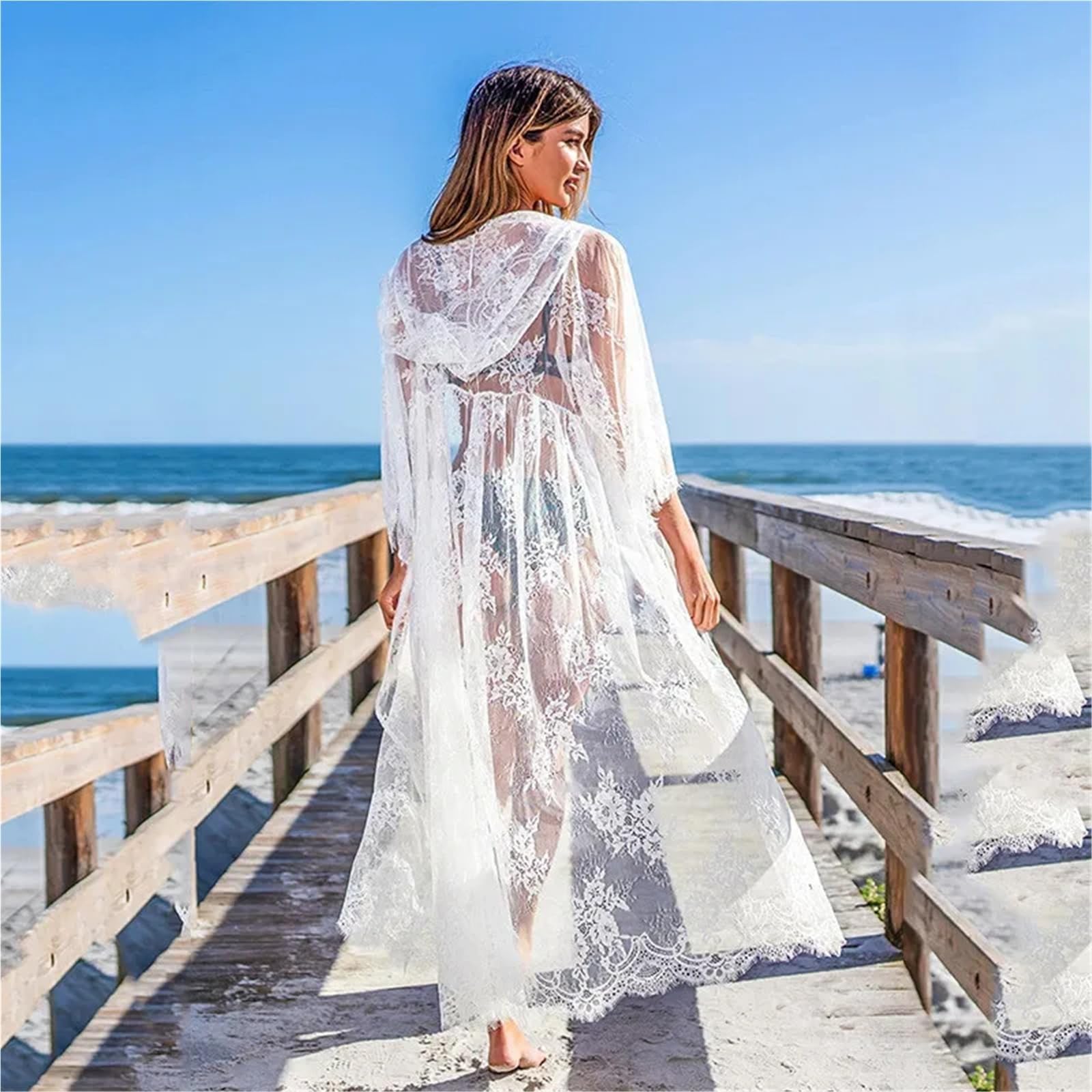 Copricostume Donna Copricostume da Spiaggia in Pizzo Trasparente con Cappuccio Cardigan Lungo Abito Bagno Donna Costume in Caftano Tunica
