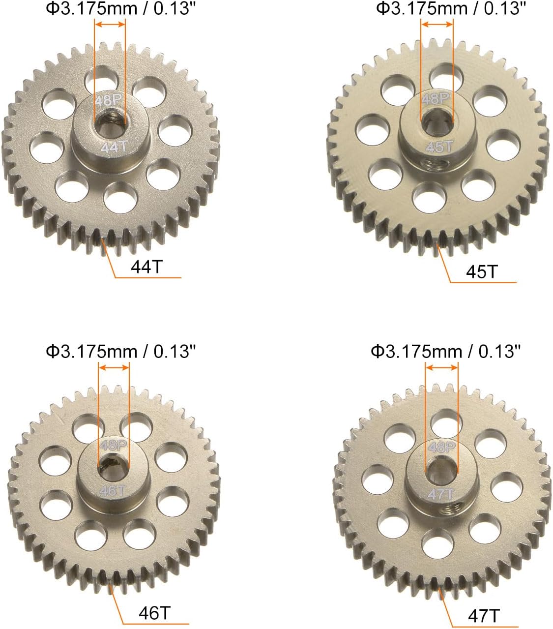 HARFINGTON 48P Hardened Pinion Motor Gear Set 4pcs 44T 45T 46T 47T Fit 1/8 inch RC Motor Shaft 48 Pitch 7075 Aluminum Gears for RC Car, with Hex Key