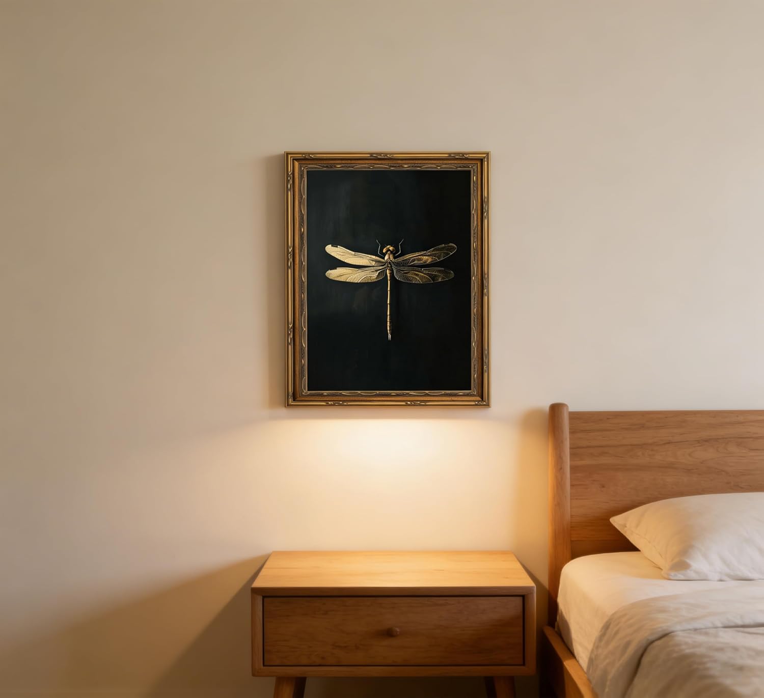 Vintage Gold Framed Canvas Wall Art Dark Retro Dragonfly Painting Picture Wall Decor Gothic Moody Insect Poster Print Artwork for Living Room Bedroom Bathroom Home Decoration