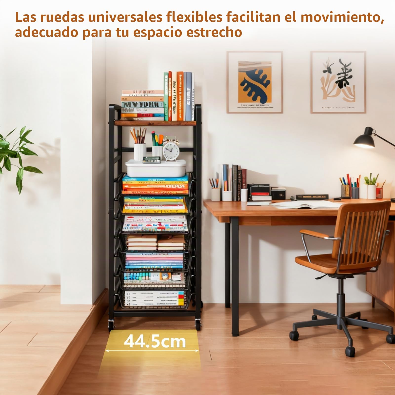 Carrito Organizador Móvil de 8 Niveles con Bandejas Metálicas | Tablero Superior de Madera, Ruedas Giratorias 360°, Negro, 44,5 × 28 × 106,5 cm, para Oficina y Hogar