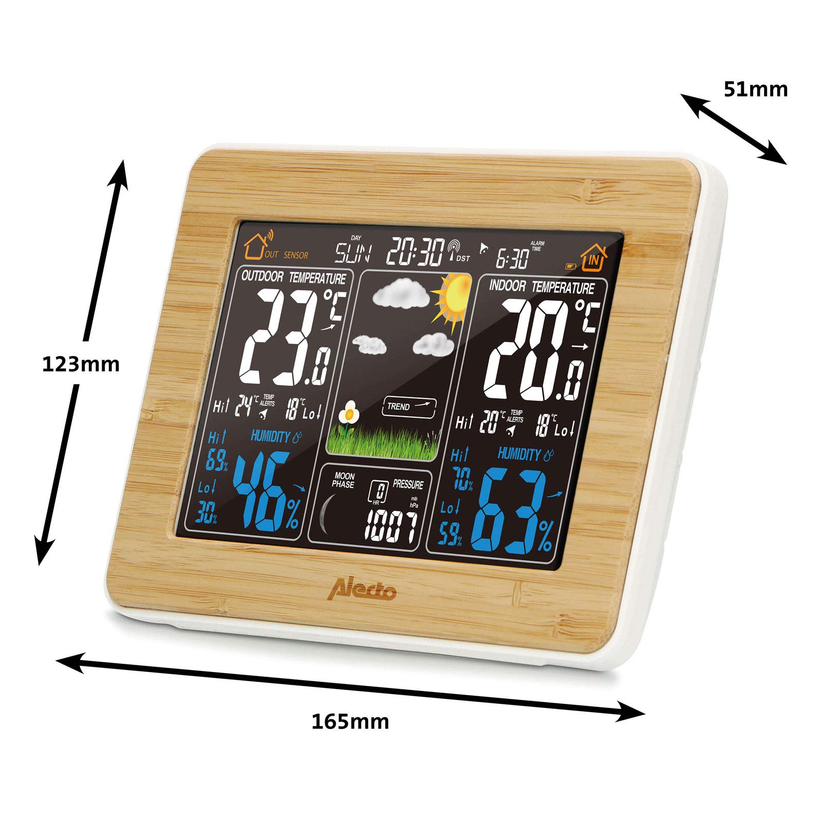 Alecto WS-1560 Stazione meteo wireless con display a colori e sensore esterno – Temperatura interna ed esterna – Umidità – Barometro – Previsioni meteo animate – Legno