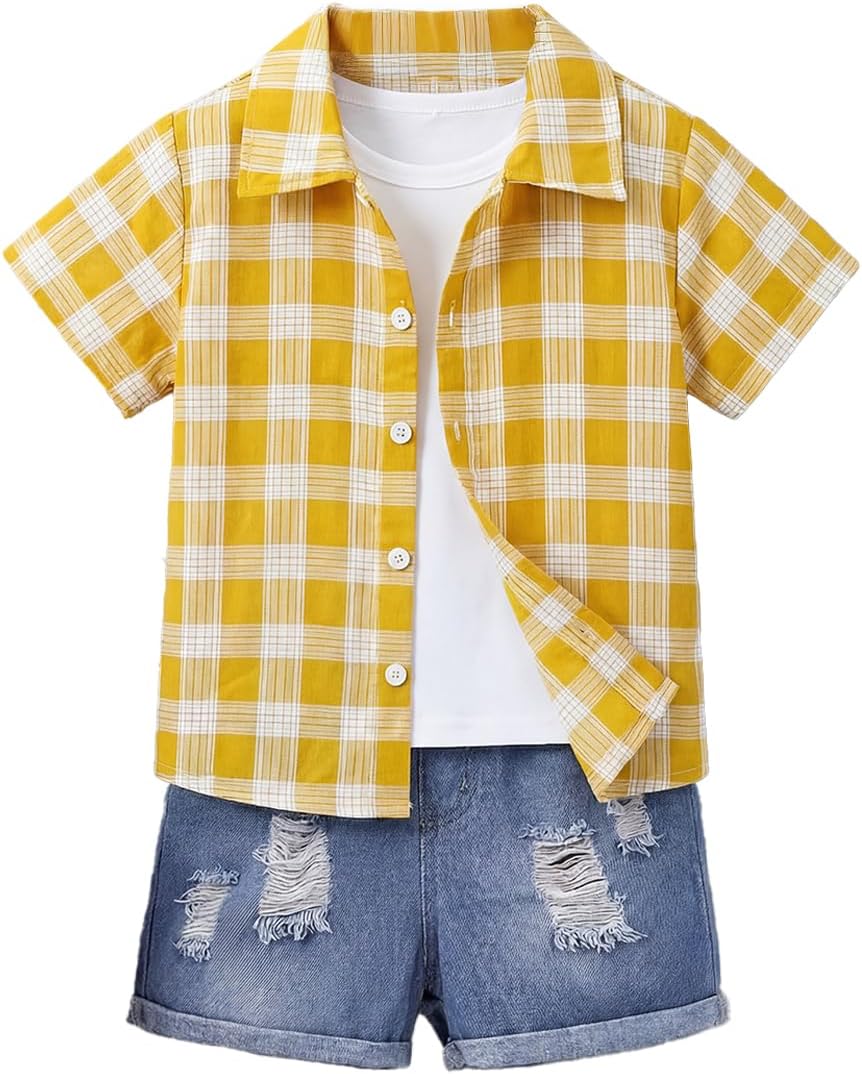 Boys 2 Piece Summer Outfit Set Plaid Short Sleeve Button Down Shirt and Faux Denim Distressed Shorts Kids 3-9