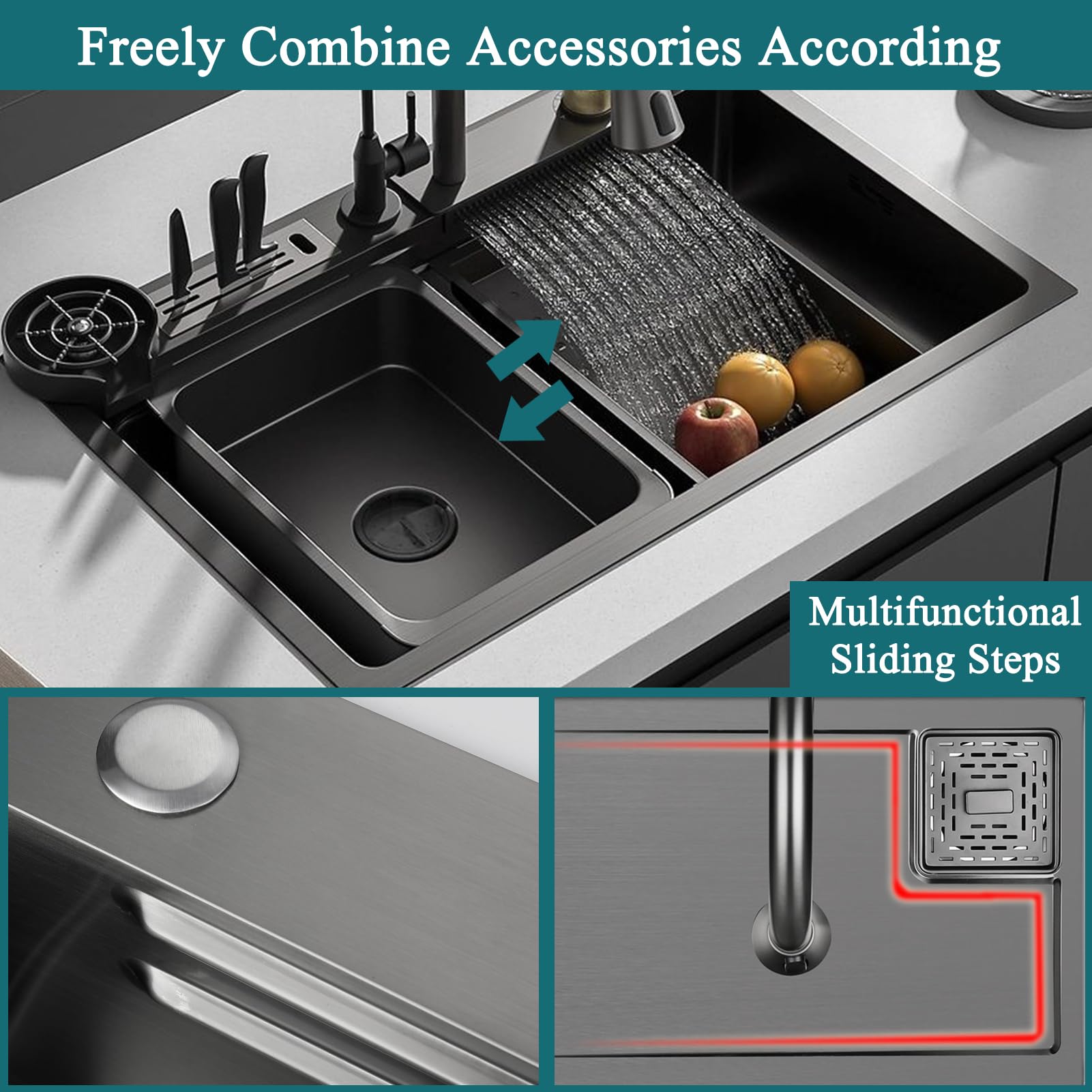 Fregadero de cocina de 85 x 50 cm, de montaje superior, de acero inoxidable, con lavabo individual, multifuncional, con grifo extraíble y accesorios completos