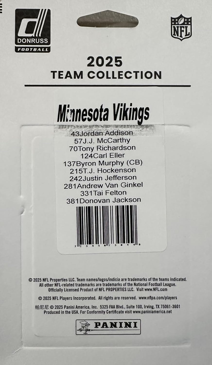 Minnesota Vikings 2025 Donruss Factory Sealed 10 Card Team Set Featuring Justin Jefferson, Jordan Addison and JJ McCarthy Plus Rated Rookie Cards of Tai Felton and Donovan Jackson - Image 3