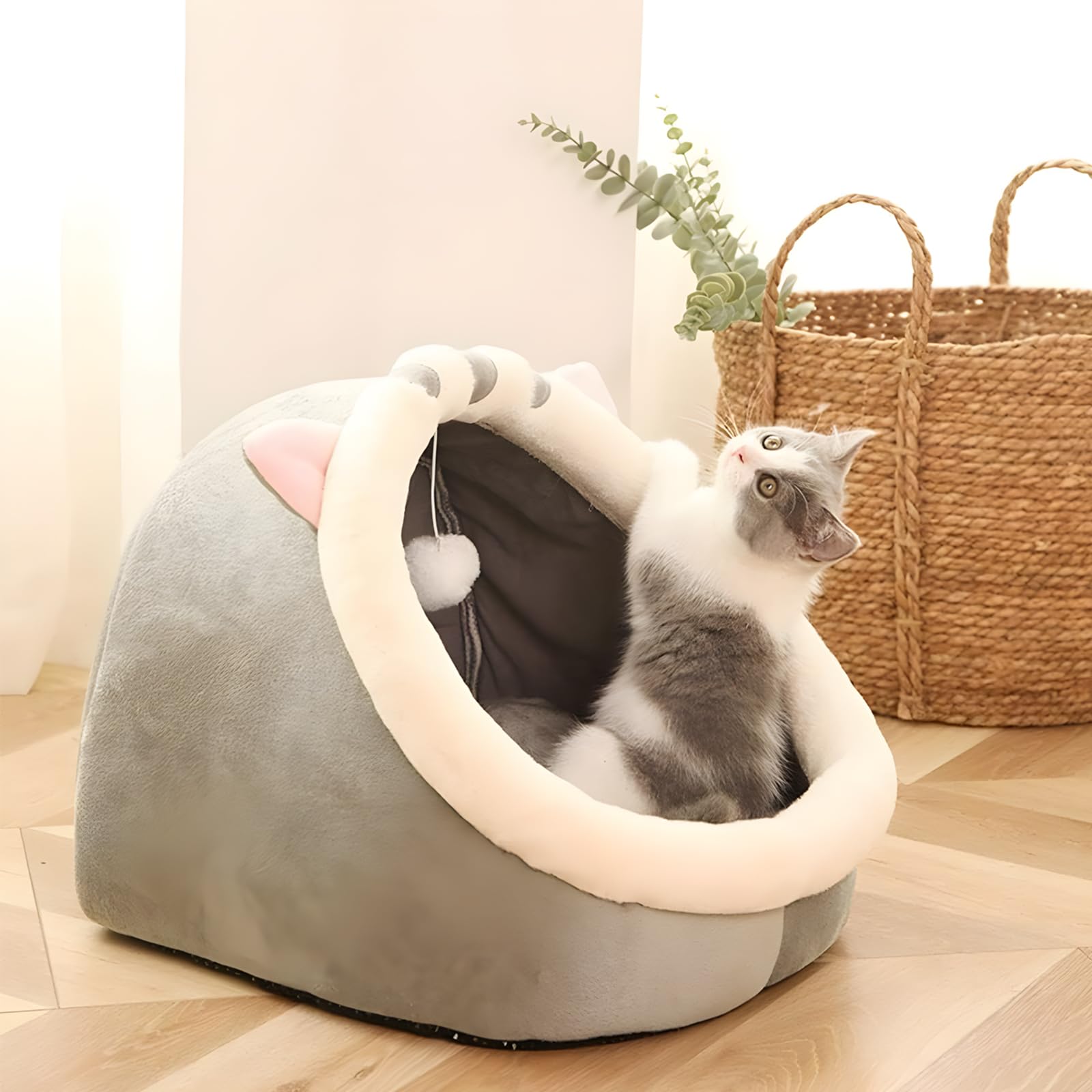 سرير للقطط على شكل كهف مع قاعدة مضادة للانزلاق، 45×42×40 سم، مناسب لجميع القطط والكلاب الصغيرة، سرير مزود بوسادة قابلة للإزالة والغسيل، سرير ناعم ومريح مع لعبة معلقة، مثالي للقطط والجراء