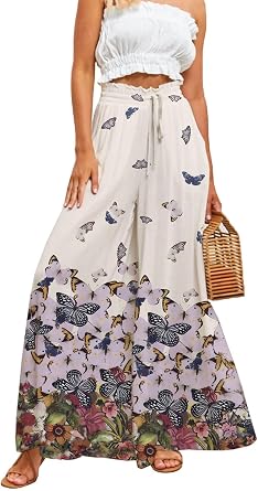 YOCUR Women Palazzo Flowy Pants Summer Beach Vacation Floral Wide Leg Pants