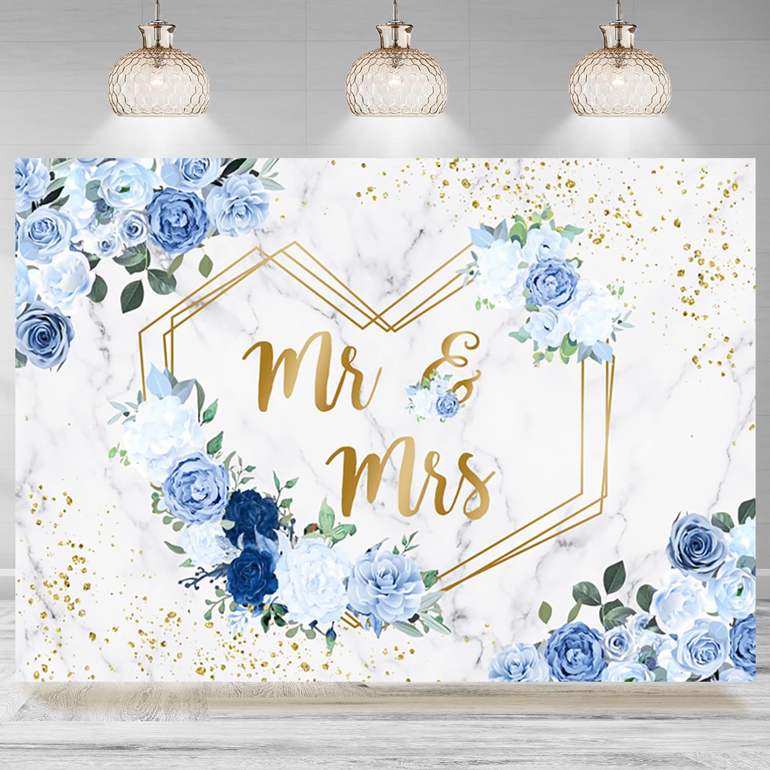 7x5ft Wedding Backdrop Mr and Mrs Blue Flowers Greenery Gold Dots Photography Background Wedding Bridal Shower Party Decorations Banner Portraits