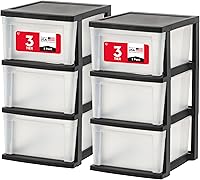 IRIS USA 3-Drawer Plastic Storage Organizer Cart, 2-Pack Black/Clear - Space-Saving for Crafts, Bathroom, Bedroom, Office