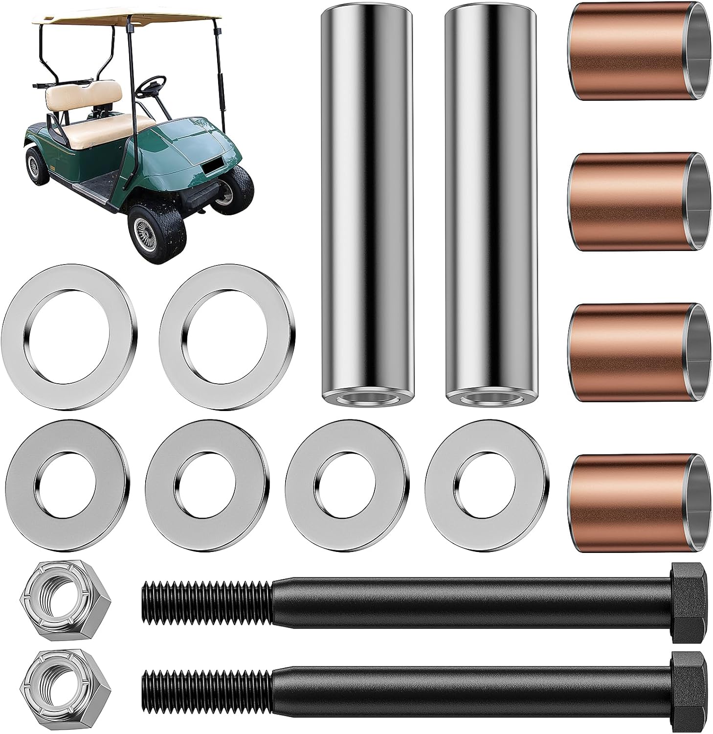 Golf Cart Spindle Bushing King Pin Tube Repair Kit, Fits EZGO DCS 1994 to 2001.5, OEM# 70328-G01, 70327-G01, 16623-G1