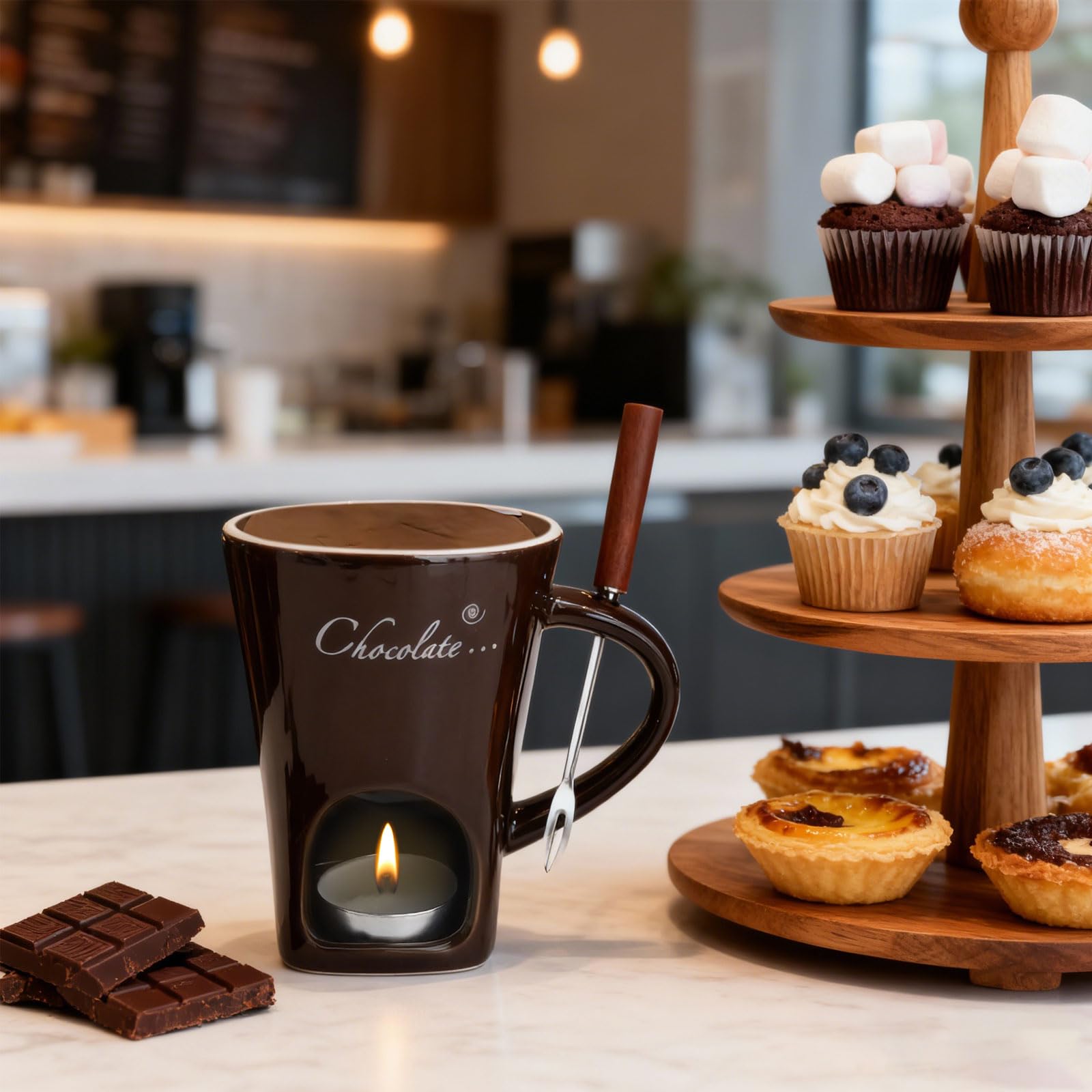 Taza de cerámica para fondue de chocolate, 130 ml, con portavelas y tenedores, fondue de chocolate, juego de fondue de chocolate, juego de fondue de chocolate, cazo para chocolate y queso, mantequilla