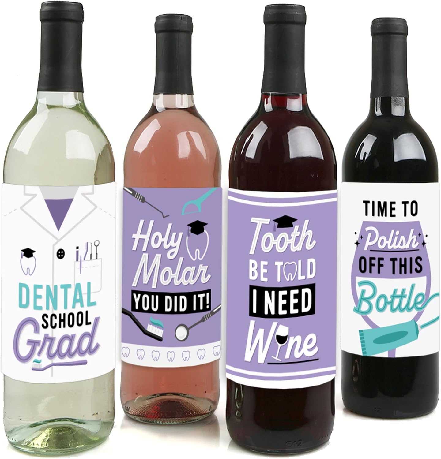 Big Dot of Happiness Dental School Grad - Dentistry and Hygienist Graduation Party Decorations for Women and Men - Wine Bottle Label Stickers - Set of 4