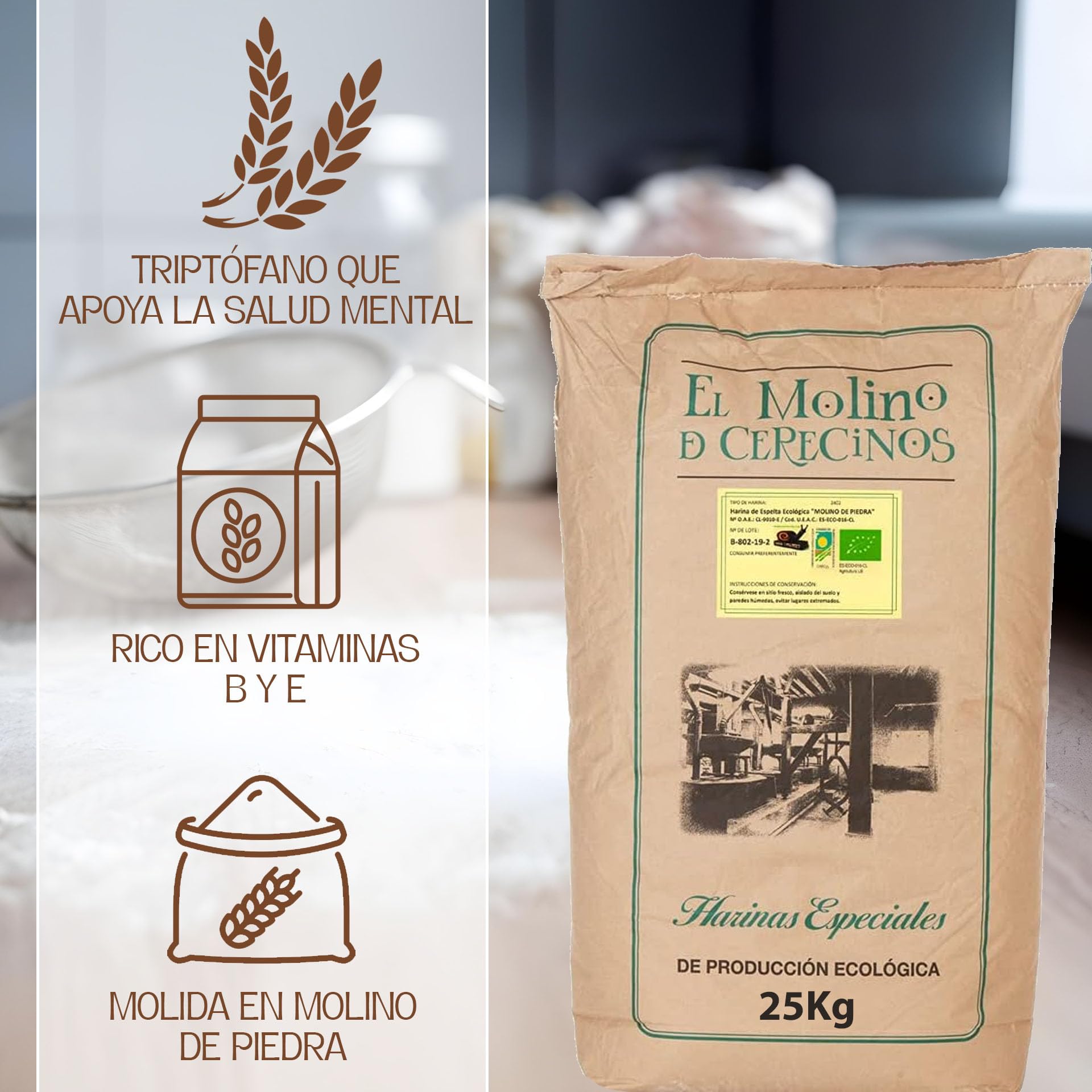 Harina De Espelta Ecológica Blanca | Perfecta Para Elaborar Pan De Espelta | Molida En Molino De Piedra | Ideal Para Harina Blanca Artesanal De 25 Kg | De Excelente sabor Y Aroma Marcados