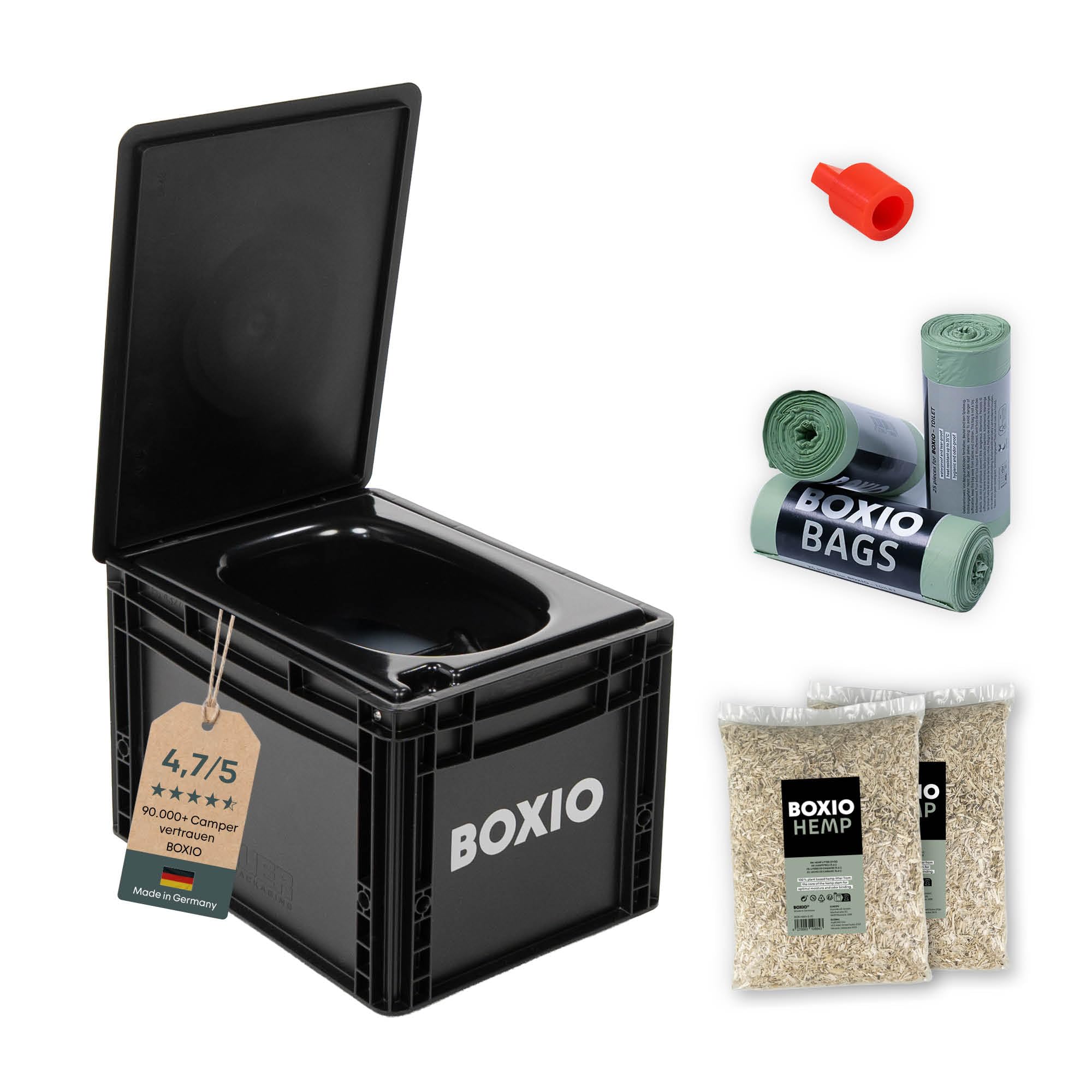 BOXIO - Toilet Plus: Campingtoilette Starter Kit mit Hemp, Plug & Bags Toilet Plus 5 Liter