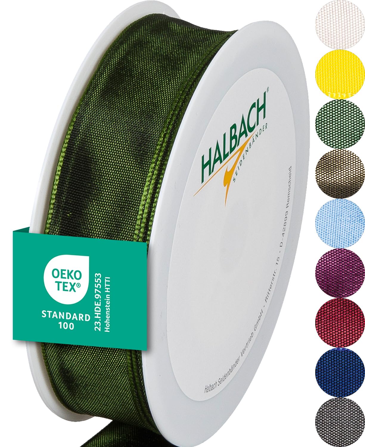 Halbach Seidenbänder Premium Geschenkband mit Drahtkante | Breite 25mm Länge 25m | Öko-Tex 100 zertifiziertes Schleifenband | Taftband Made in Germany, Farbe: dunkelgrün
