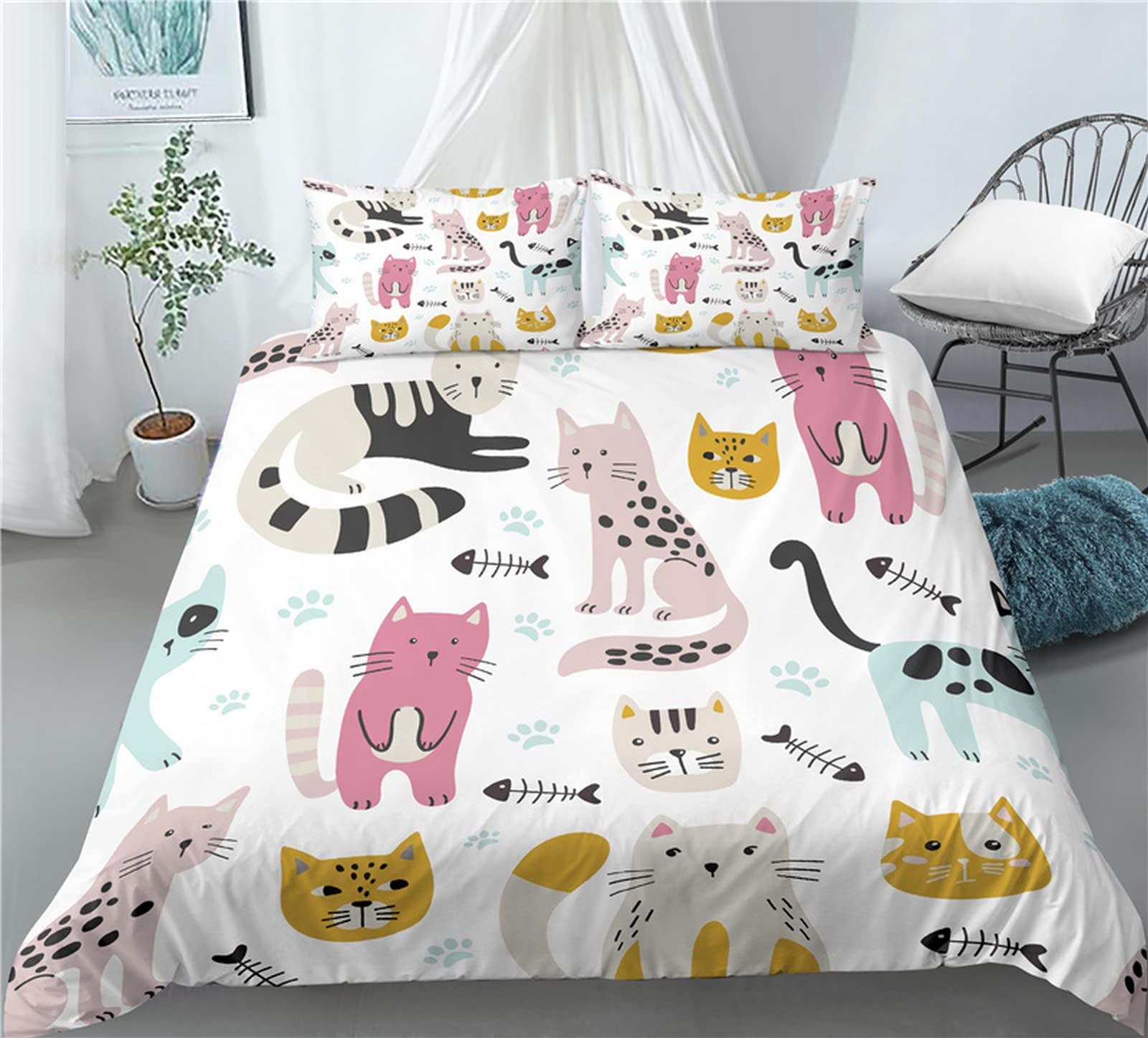 JEFFEL Beddengoedset voor katten, 200 x 200 cm, diermotief, kinderbeddengoed, kattenpatroon, dekbedovertrek, 3D-dekbedovertrekset, voor huisdieren en katten, met dekbedovertrek en kussensloop (200 x JEFFEL Beddengoedset voor katten, 200 x 200 cm, diermotief, kinderbeddengoed, kattenpatroon, dekbedovertrek, 3D-dekbedovertrekset, voor huisdieren en katten, met dekbedovertrek en kussensloop (200 x