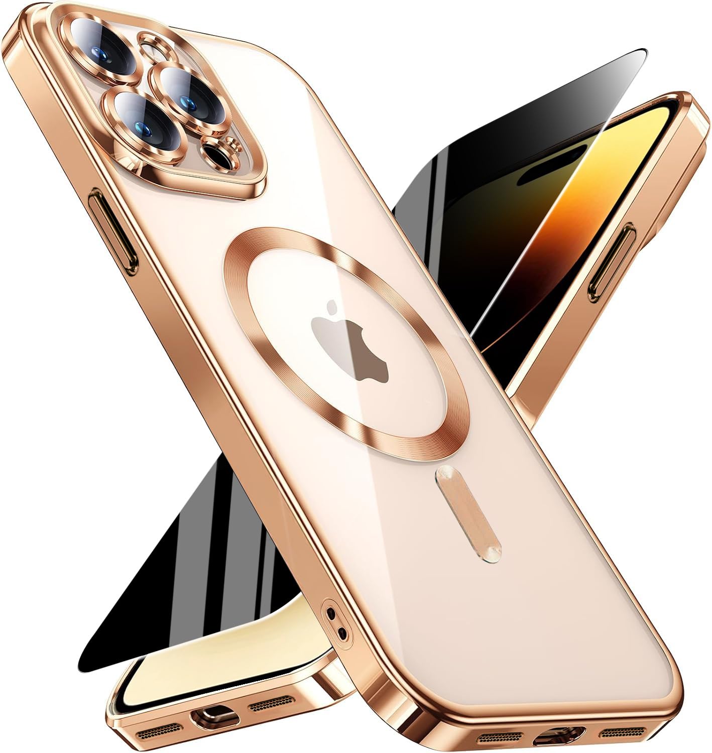 Magnetic for iPhone 14 Pro Max Case with Privacy Screen Protector &amp; Full Camera Cover,[Non-Yellowing] Plating Glossy Soft Shockproof Clear Phone Case with MagSafe Women Girls for 14 ProMax,Gold