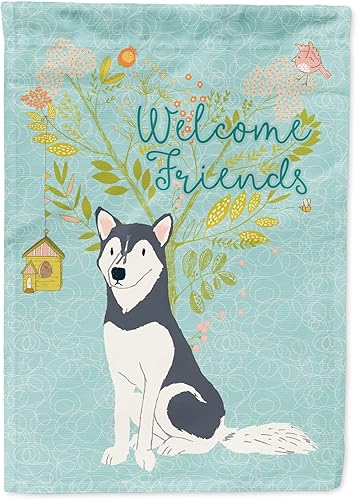 Caroline's Treasures BB7594GF Bandera de jardín de Husky siberiano con texto en inglés "Welcome Friends" - Bandera decorativa para patio exterior,