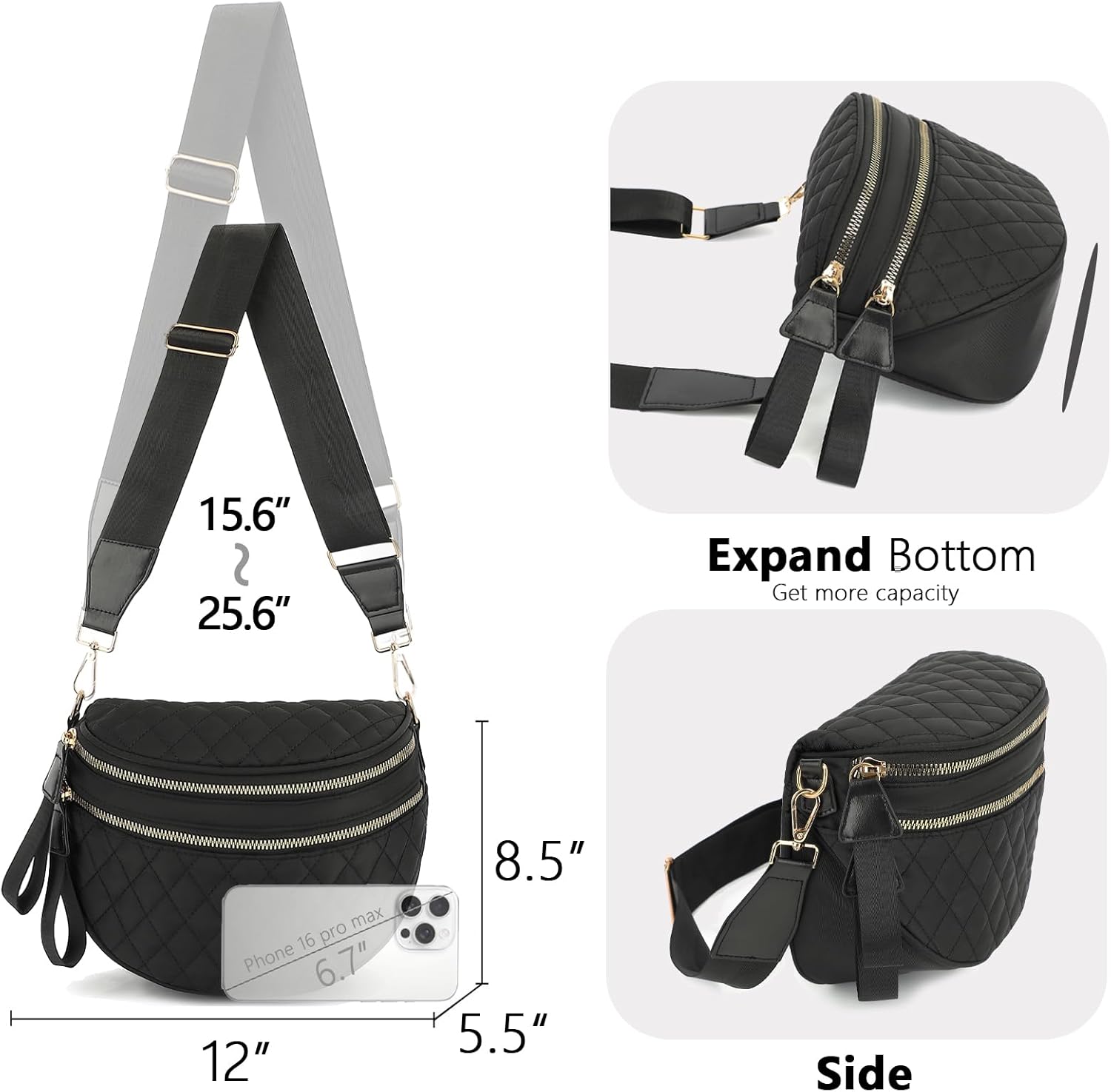 Bum Bag for Women Quilted Nylon Crossbody Shoulder Bag Large Belt Purse Fanny Packs (Black) - Image 4