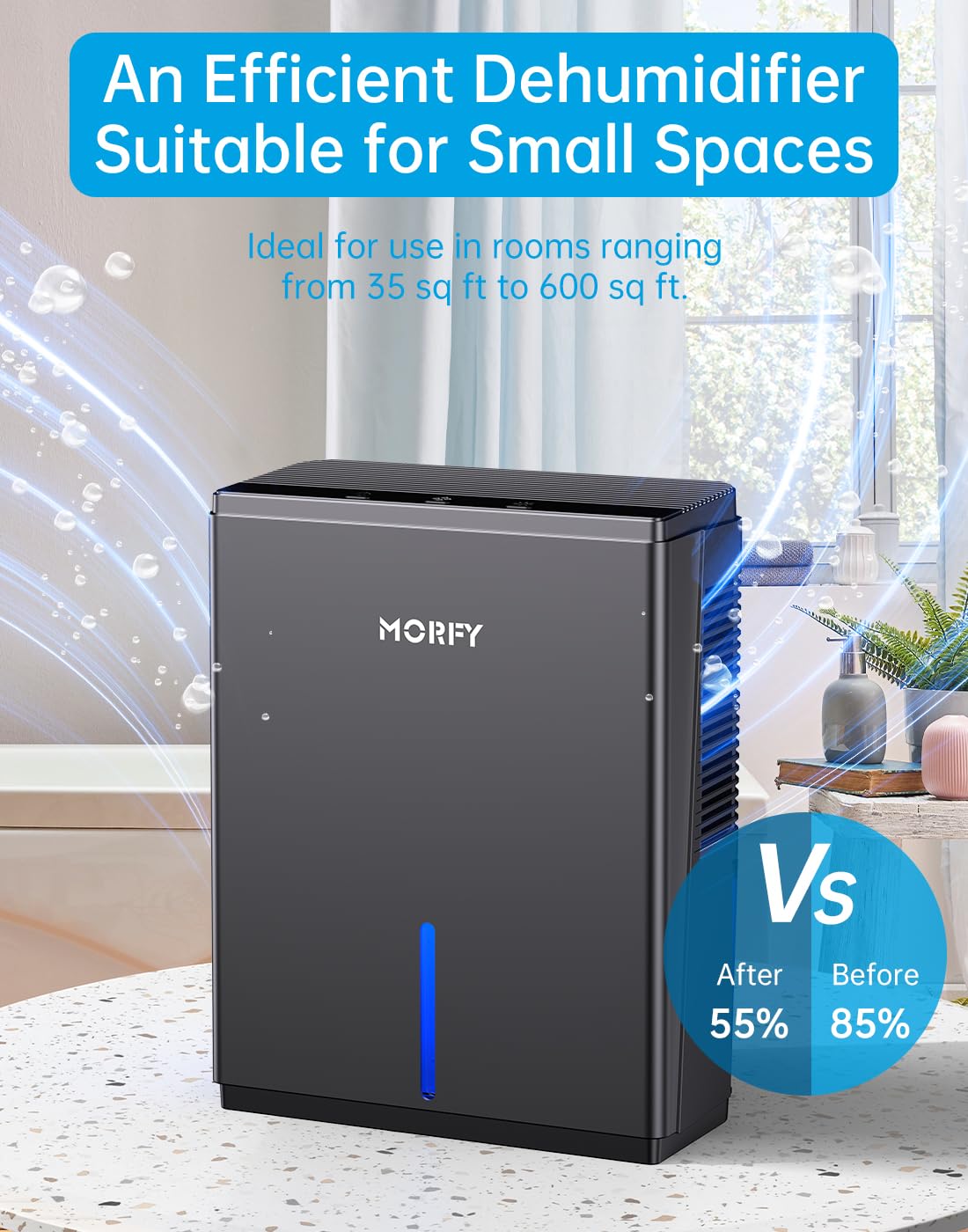MORFY Deumidificatore piccolo da 2,268 g (600 sq.ft) per camera da letto, bagno, camper, armadio, deumidificatori silenziosi a doppio semiconduttore per la stanza di casa con tubo di scarico, LED a 7