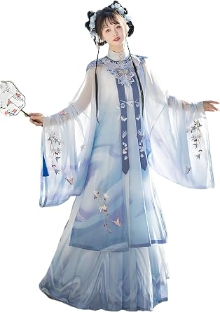 Womens Hanfu Dress Chinese Ming System Cloud Shoulder Flounced Pleated Skirt Embroidered Horse Face Skirt