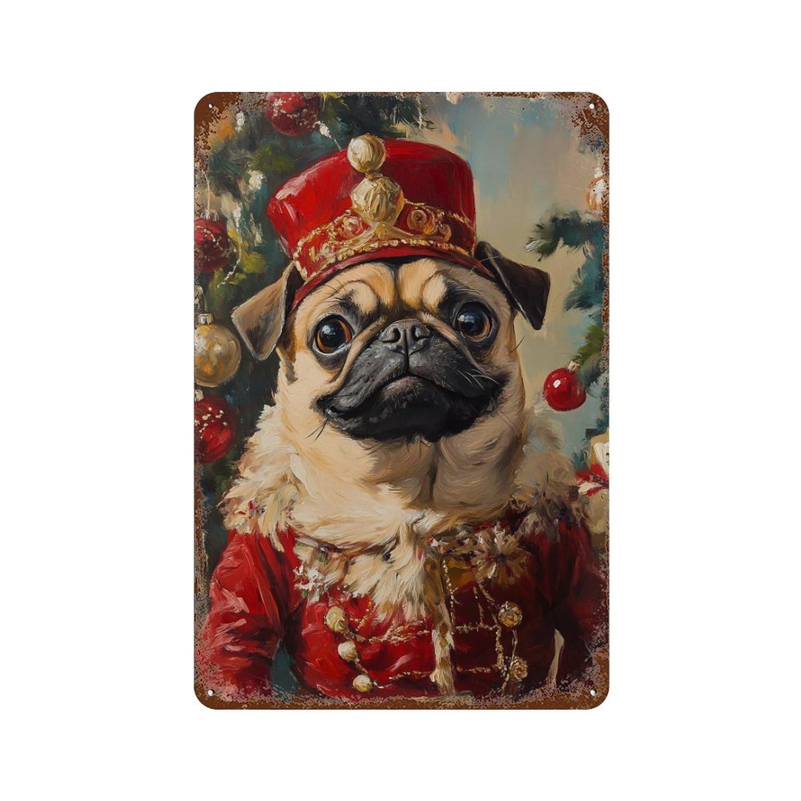 Garage Style Christmas Pug in Red Uniform Vintage Rust Metal Sign 11.8"x7.9", Vintage Wall Decor for Bar And Workshop
